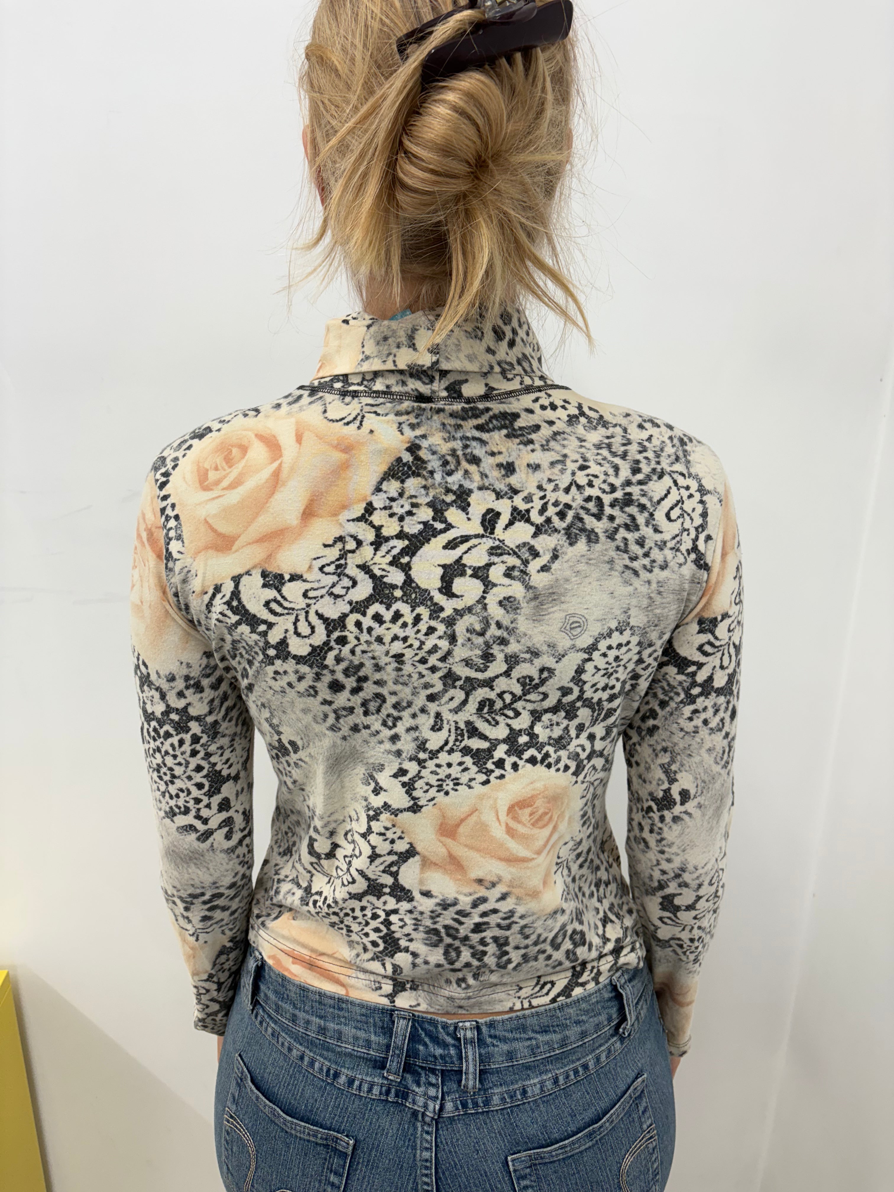 Lace & Rose Print Turtleneck Long Sleeve Top