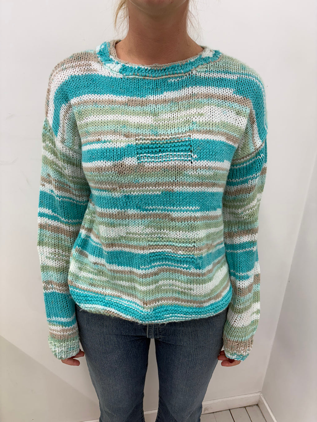 Teal & Sage Stripe Knit Sweater Chest Pocket