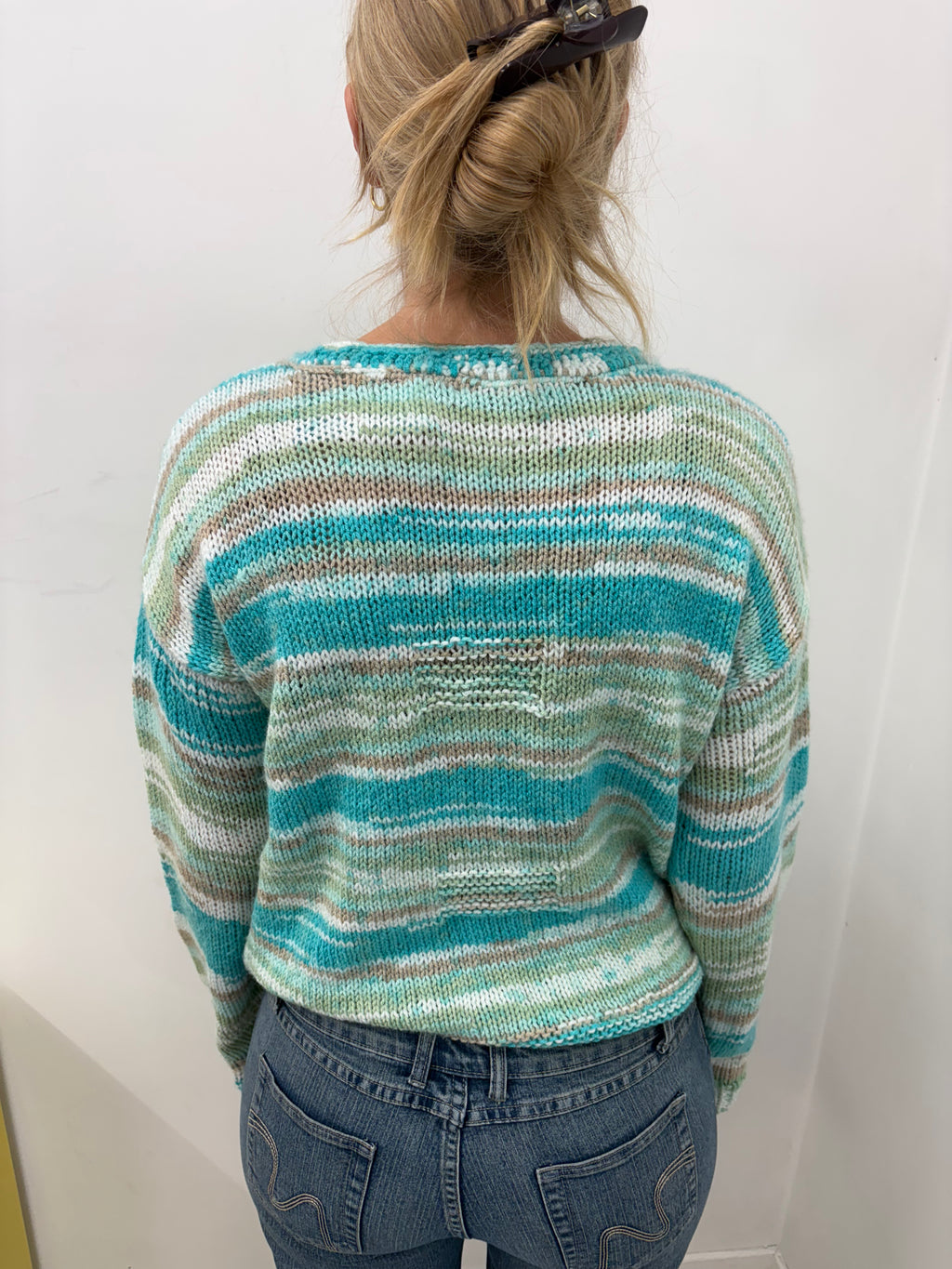 Teal & Sage Stripe Knit Sweater Chest Pocket