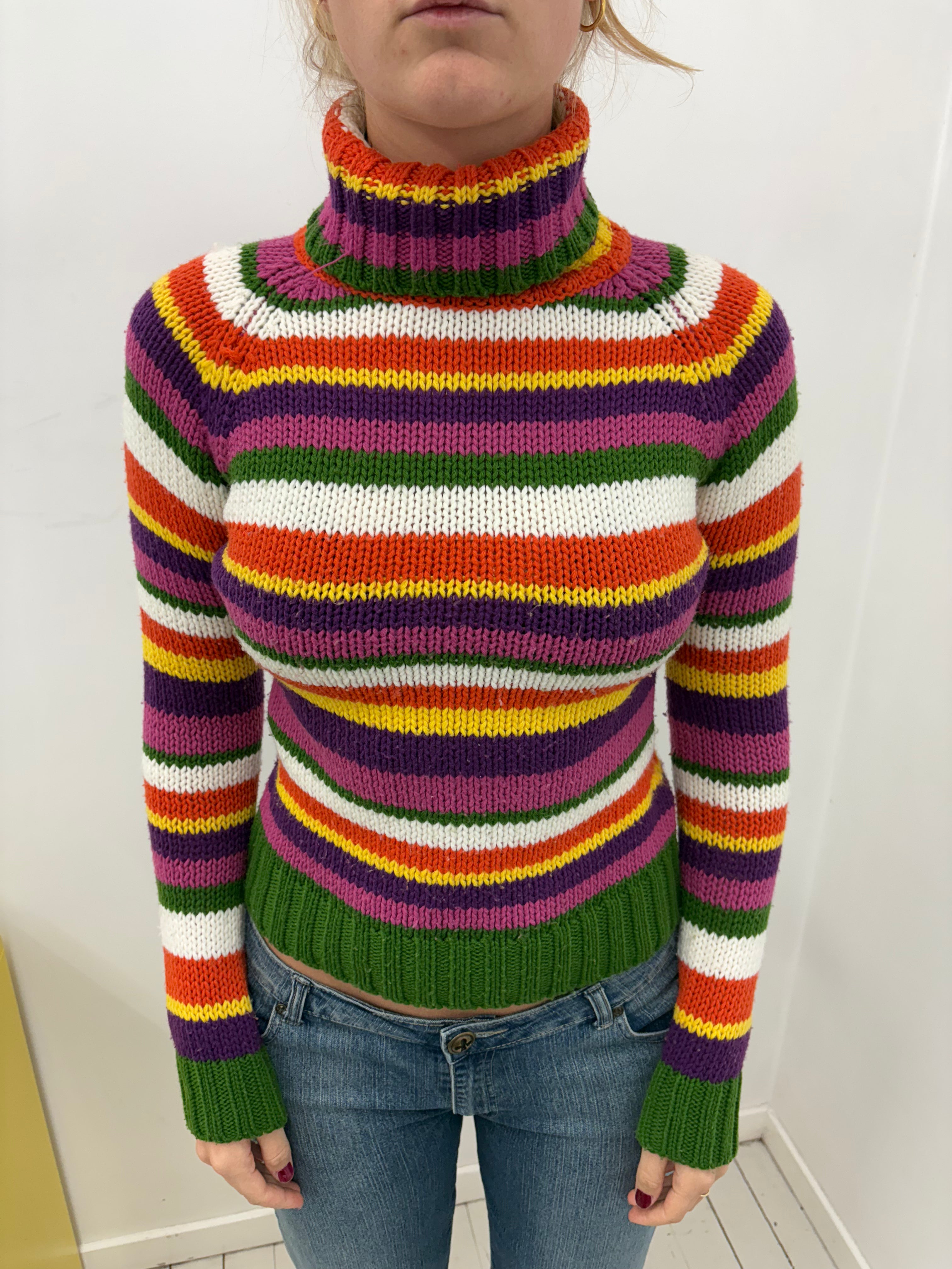 Multicolour Stripe Knit Turtleneck Sweater Cropped