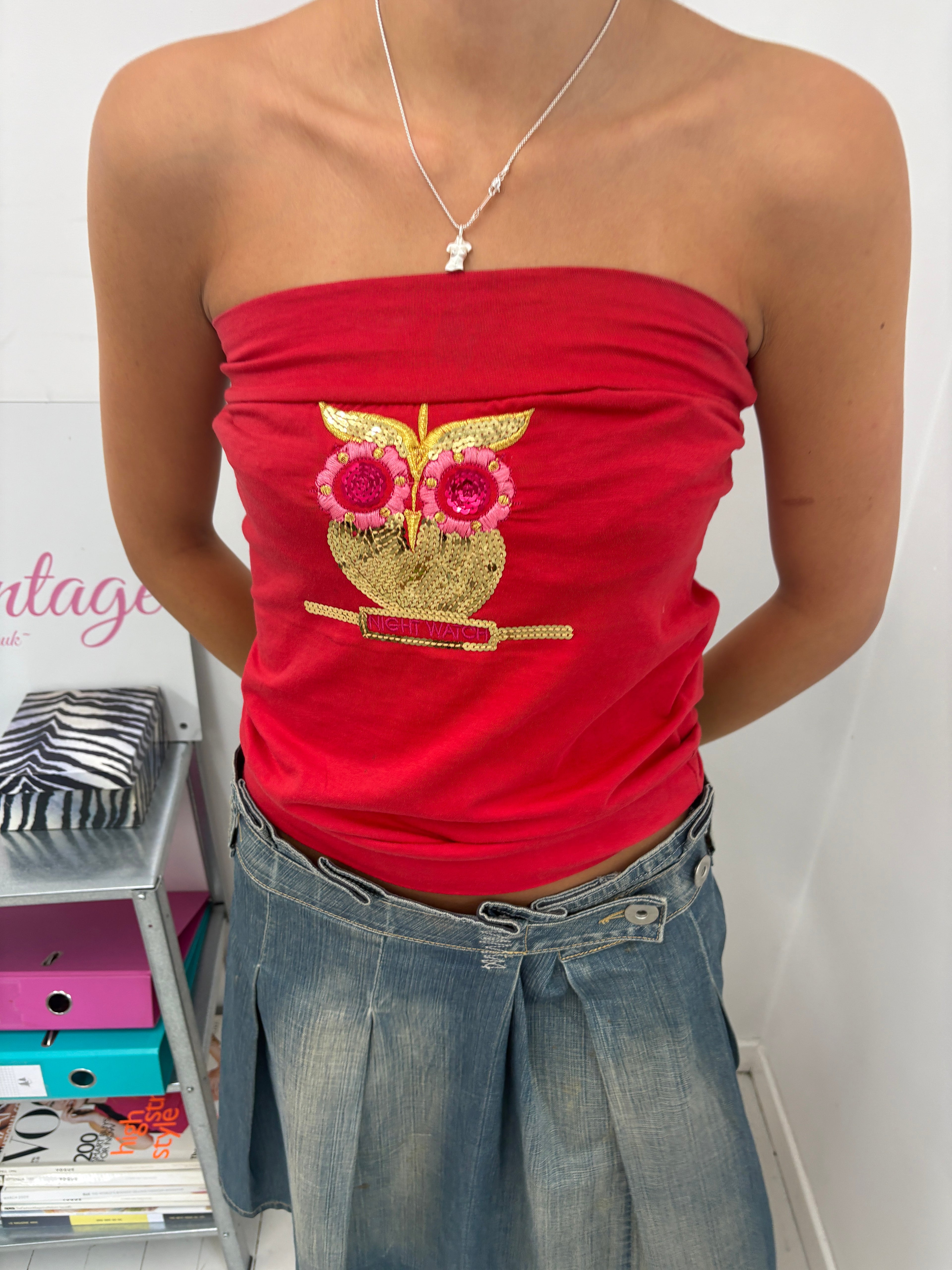 Red Sequin Owl Graphic Tube Top
