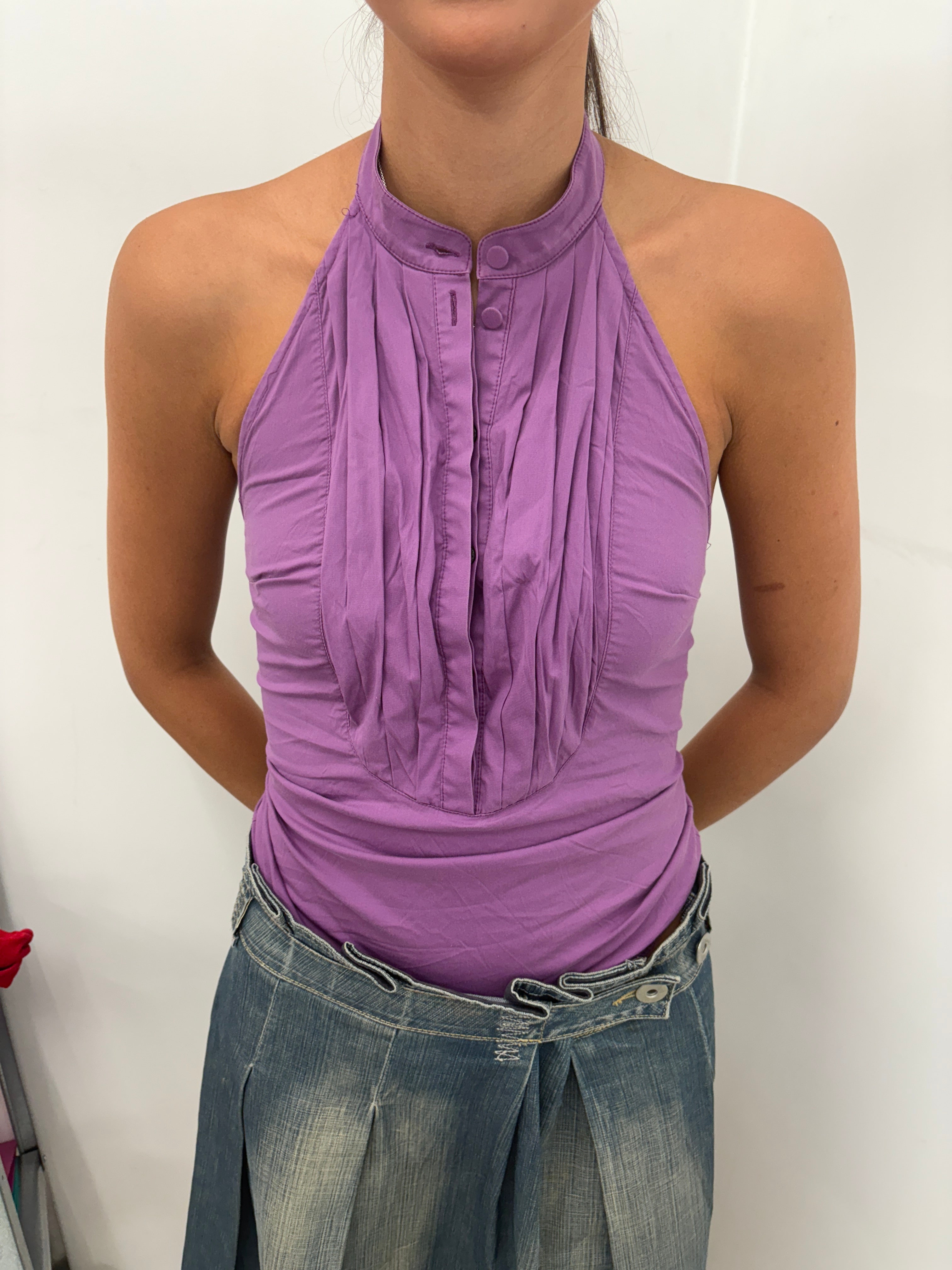 Purple Halter Body Blouse with Pleated Bib Front