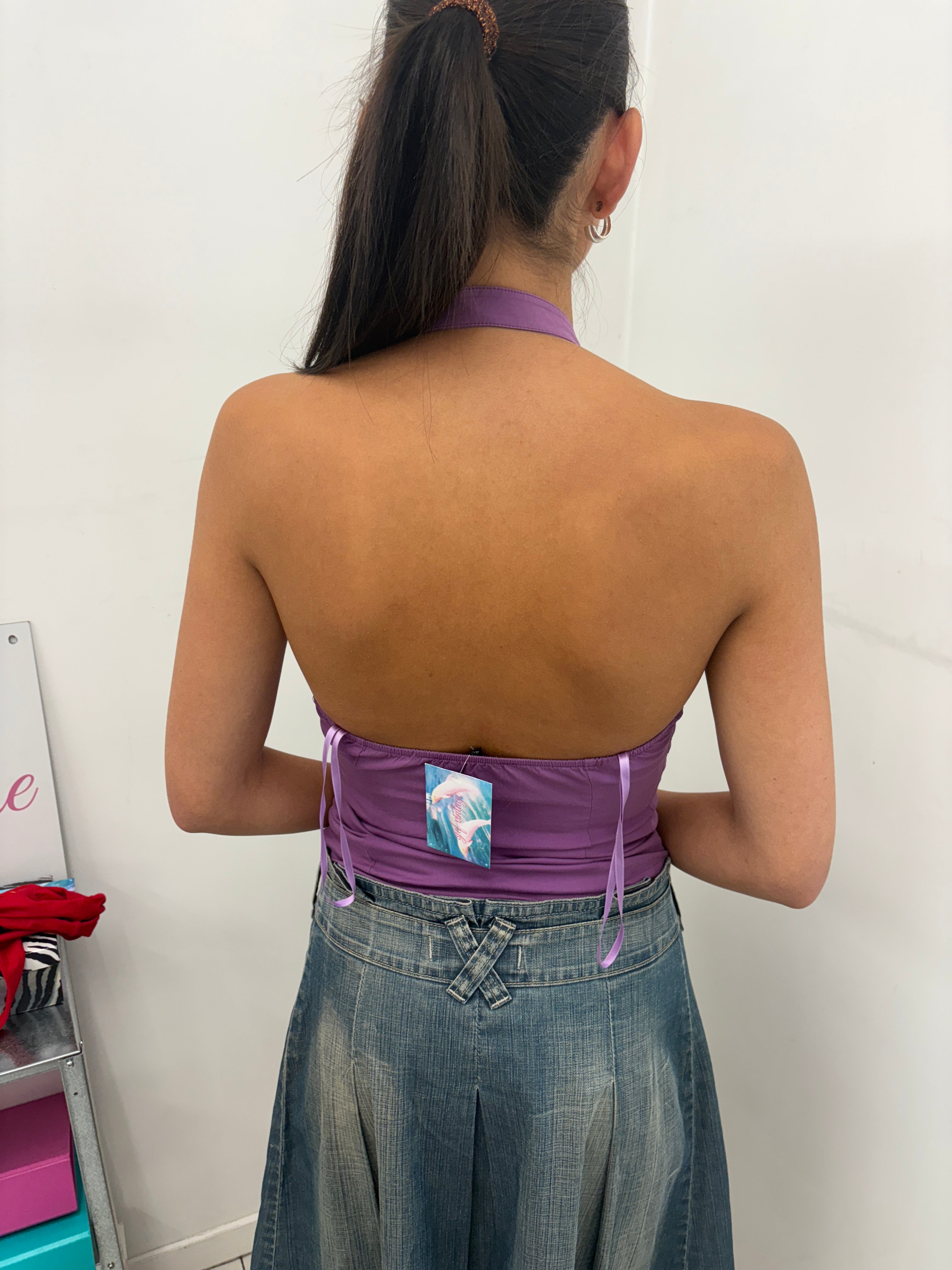 Purple Halter Body Blouse with Pleated Bib Front