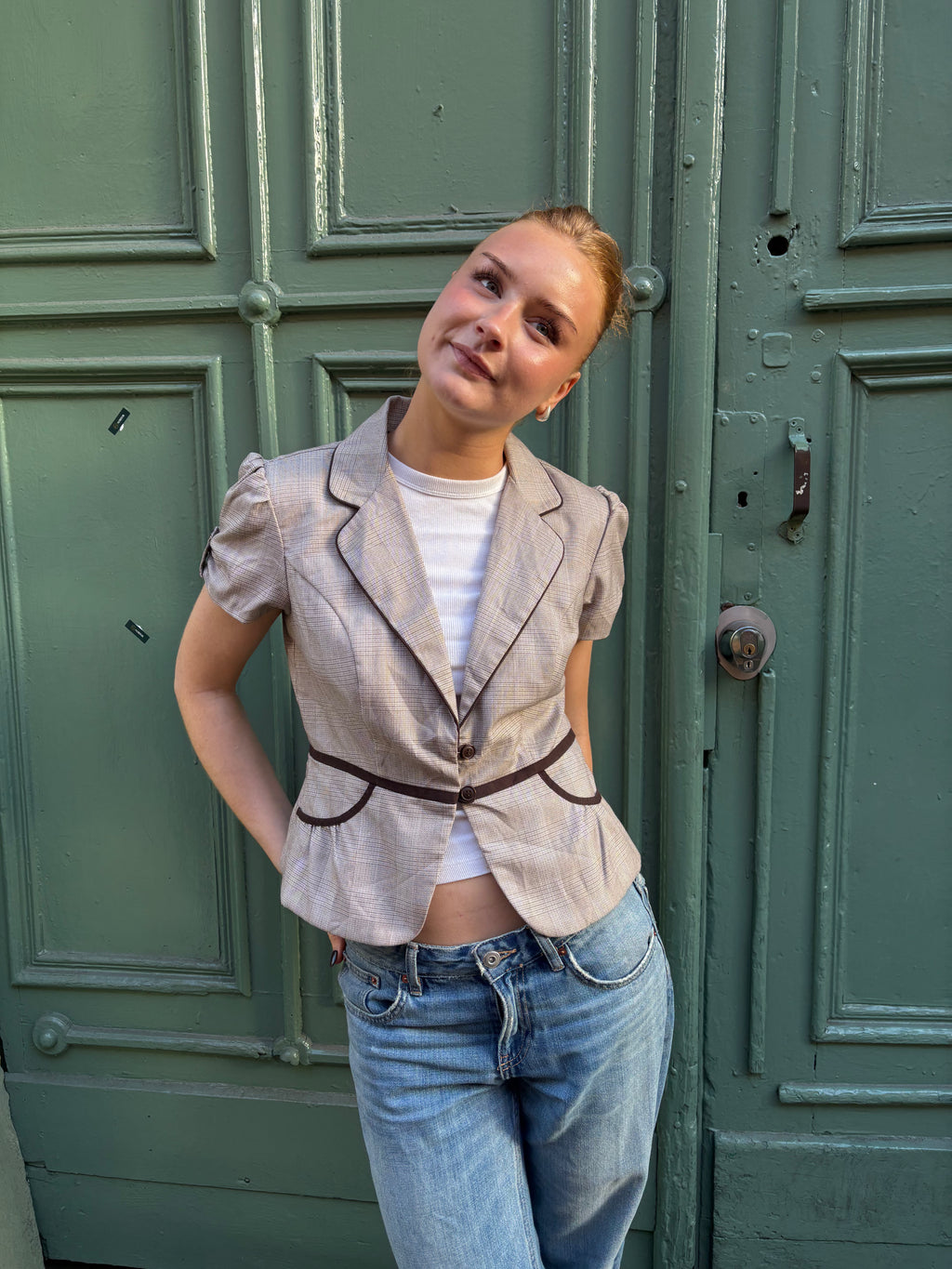 Plaid Fitted Blazer with Puff Sleeves