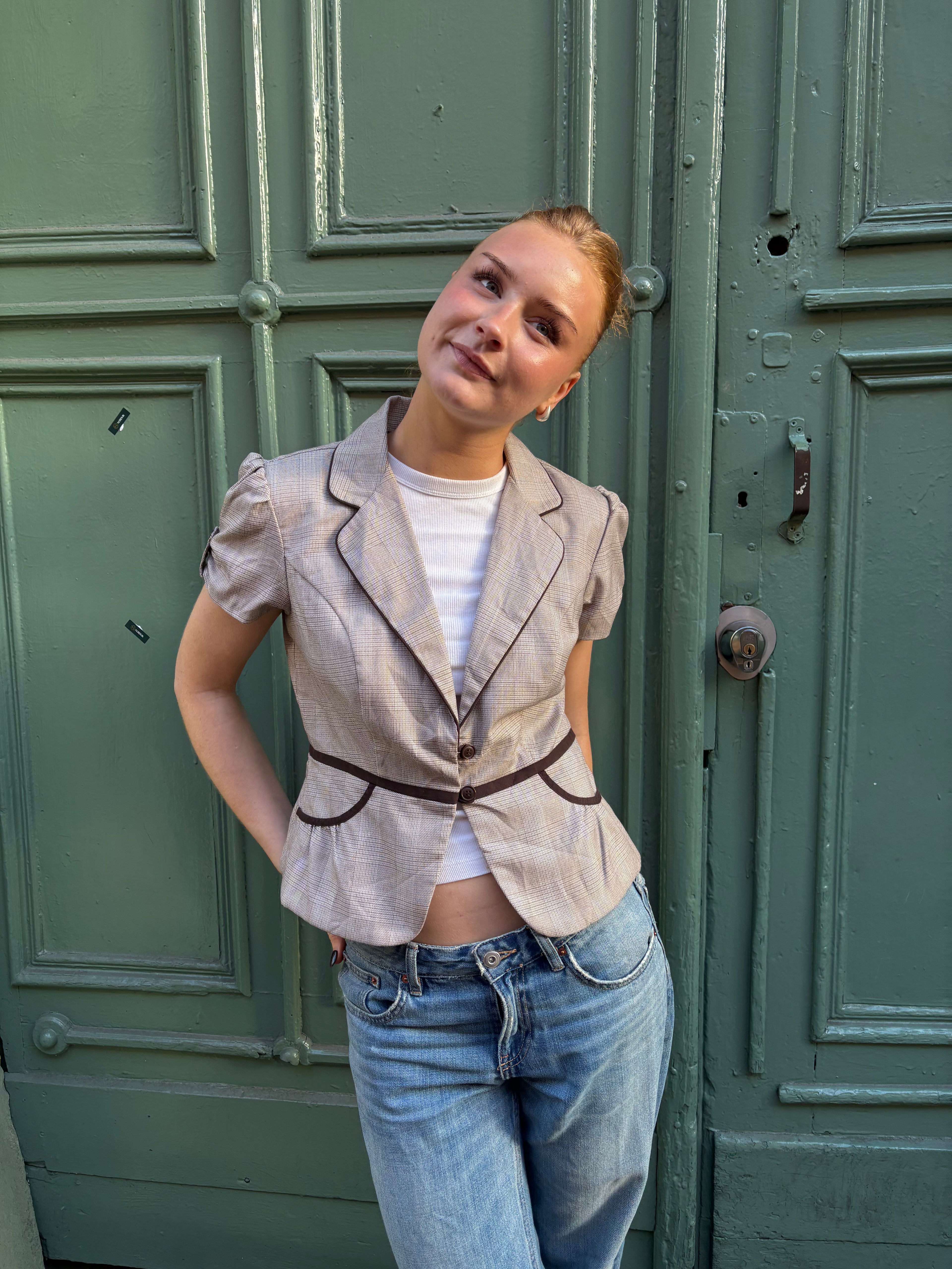 Plaid Fitted Blazer with Puff Sleeves