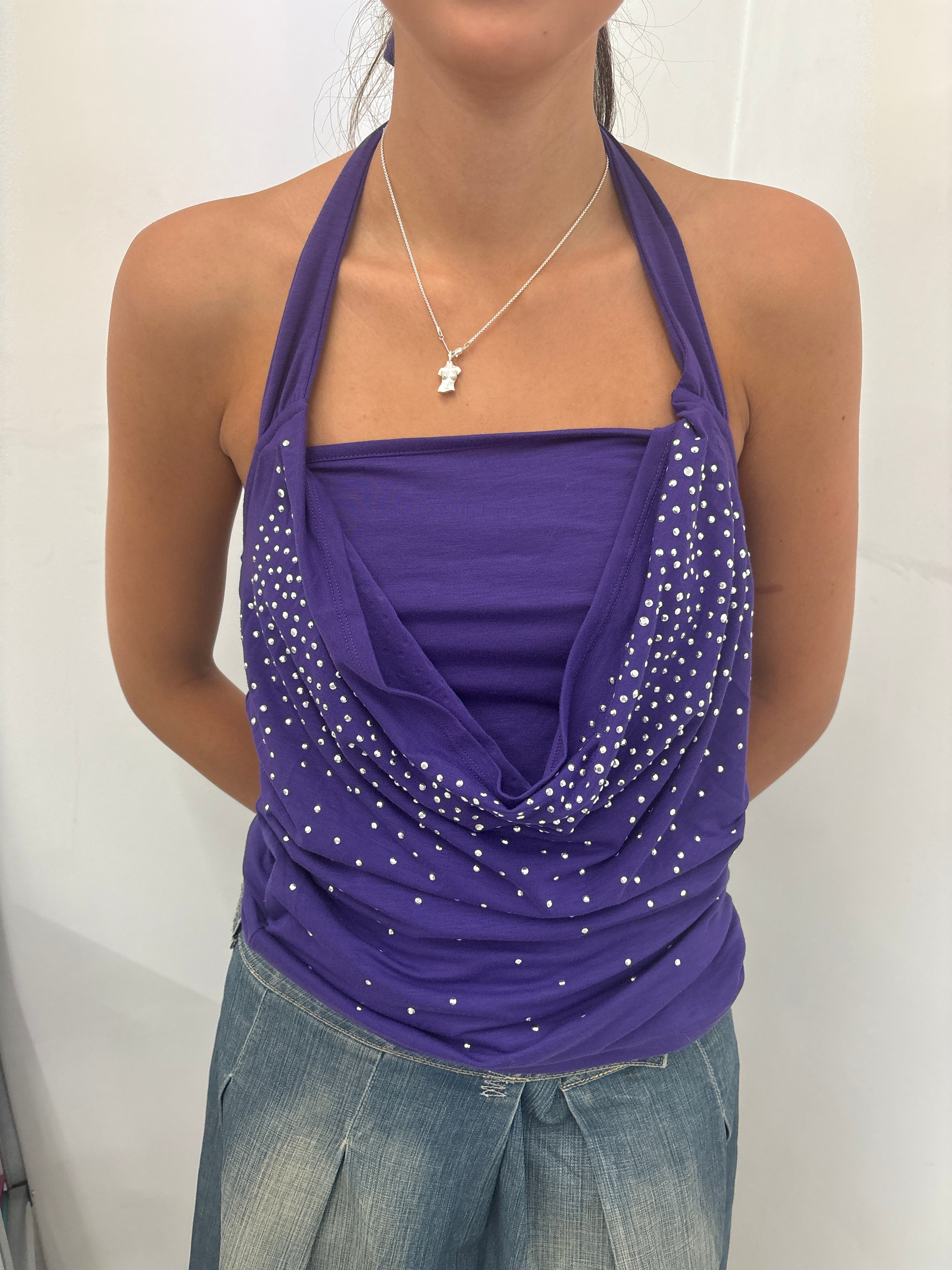 Purple Rhinestone Draped Halter Top