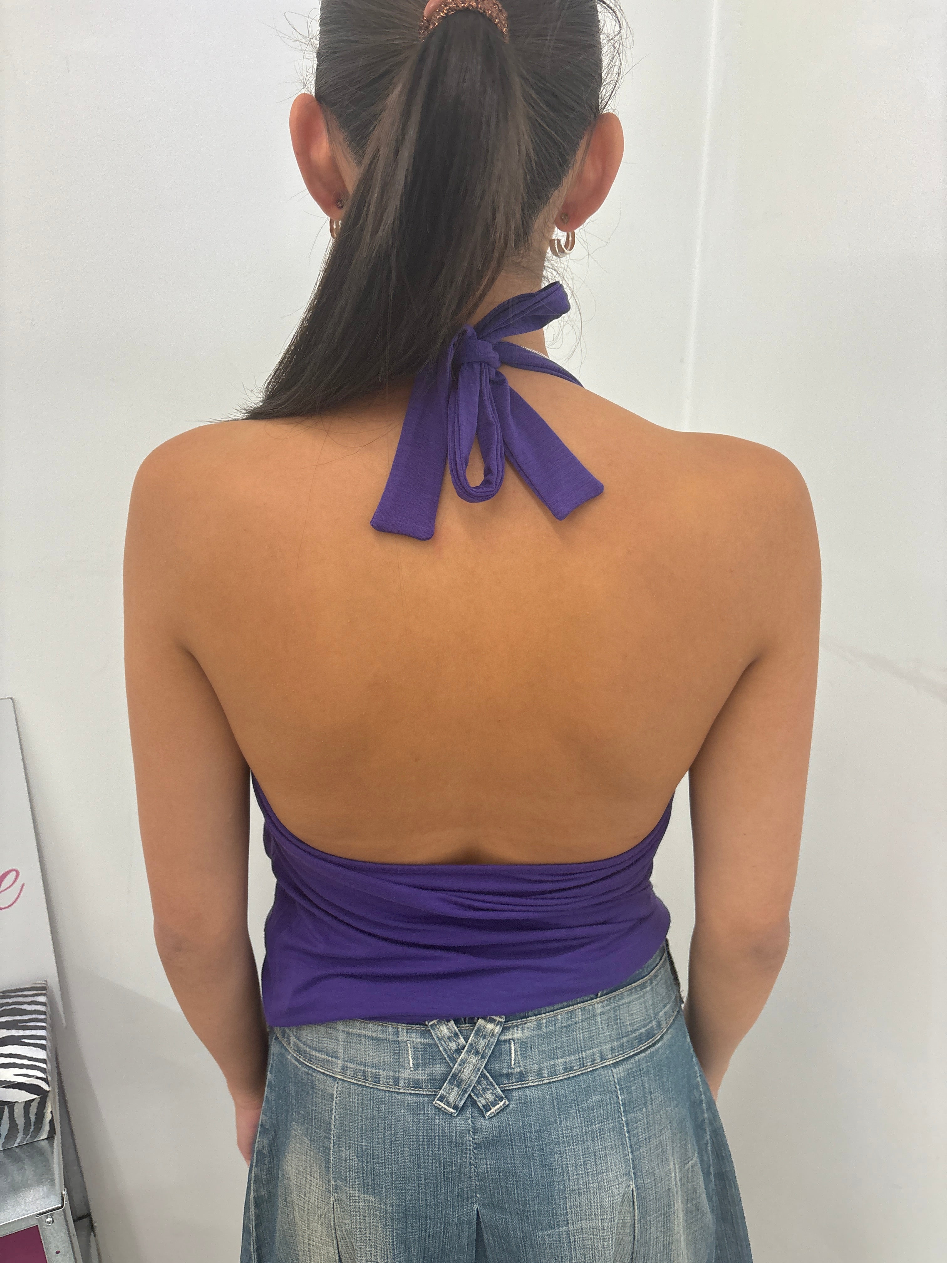 Purple Rhinestone Draped Halter Top
