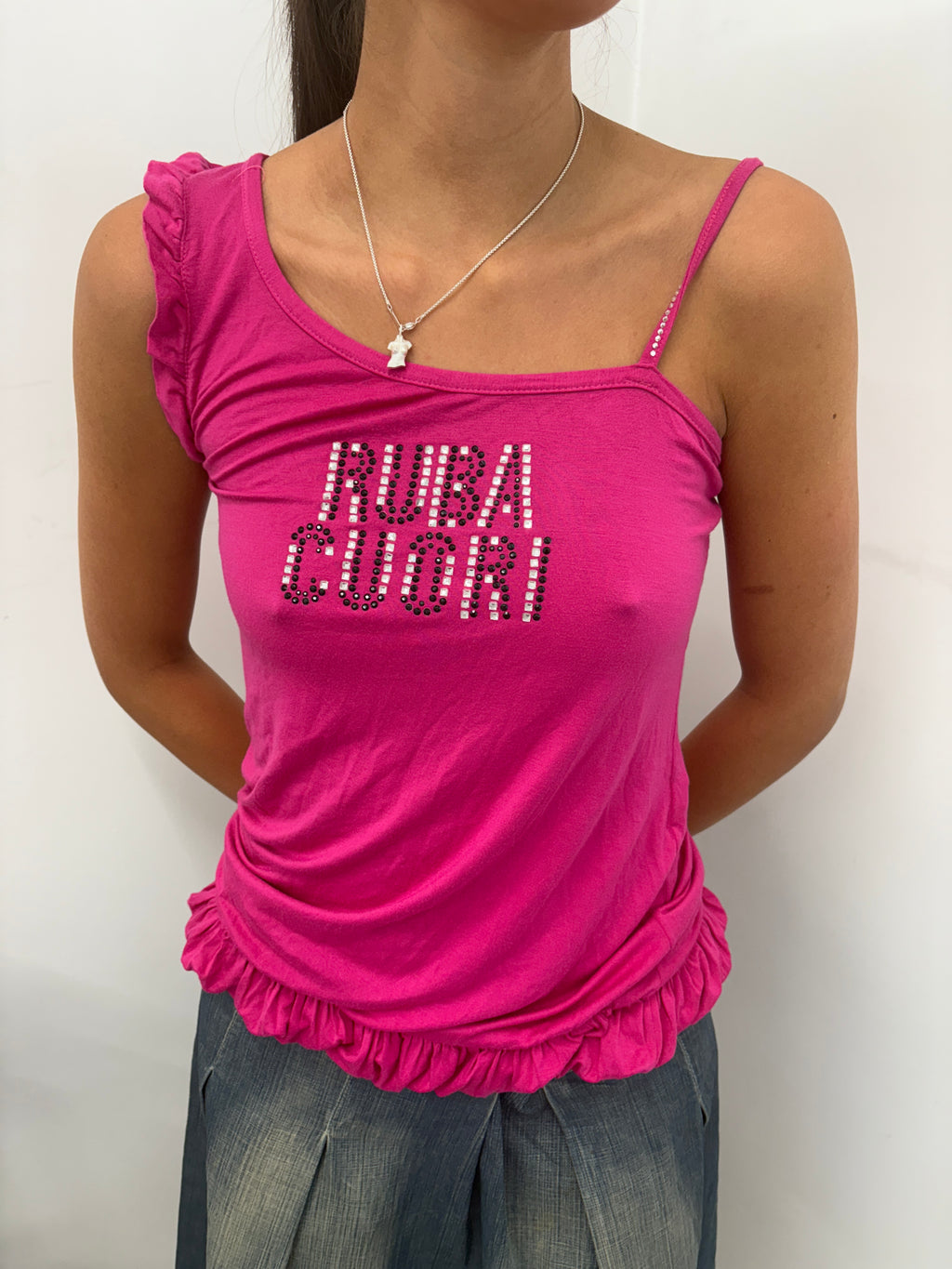 Pink Ruba Cuori Rhinestone One-Shoulder Top