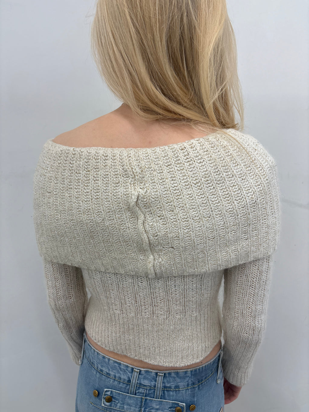 Cream Ribbed Off-Shoulder Y2K Knit Sweater