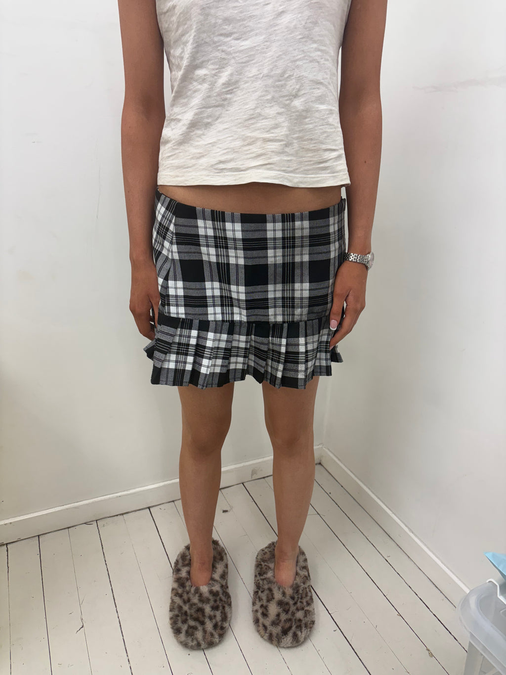 Black & White Tartan Mini Skirt Pleated Frill Hem
