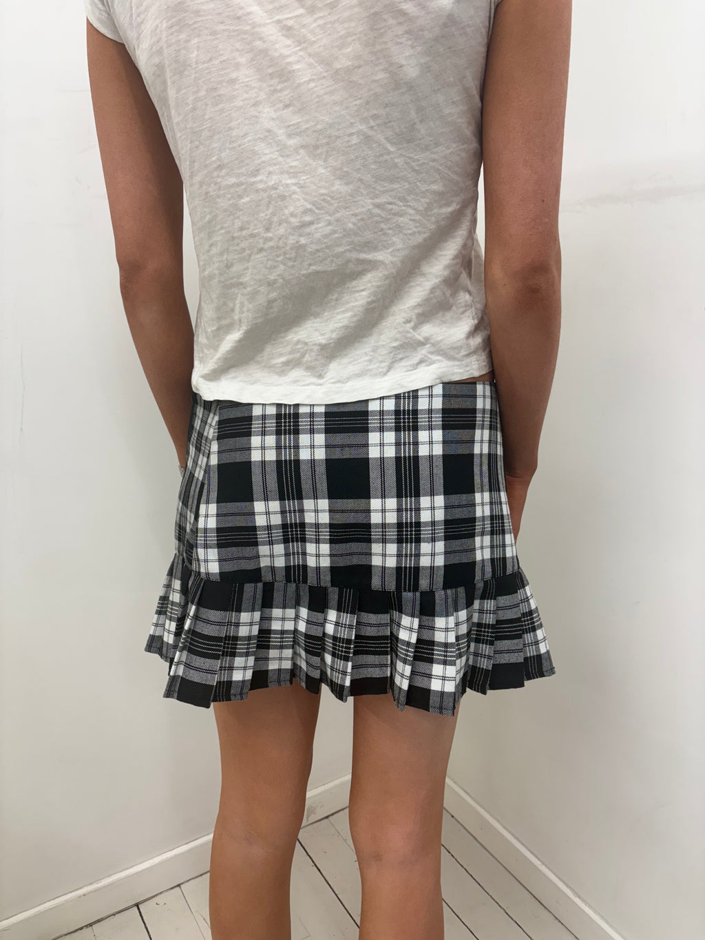 Black & White Tartan Mini Skirt Pleated Frill Hem