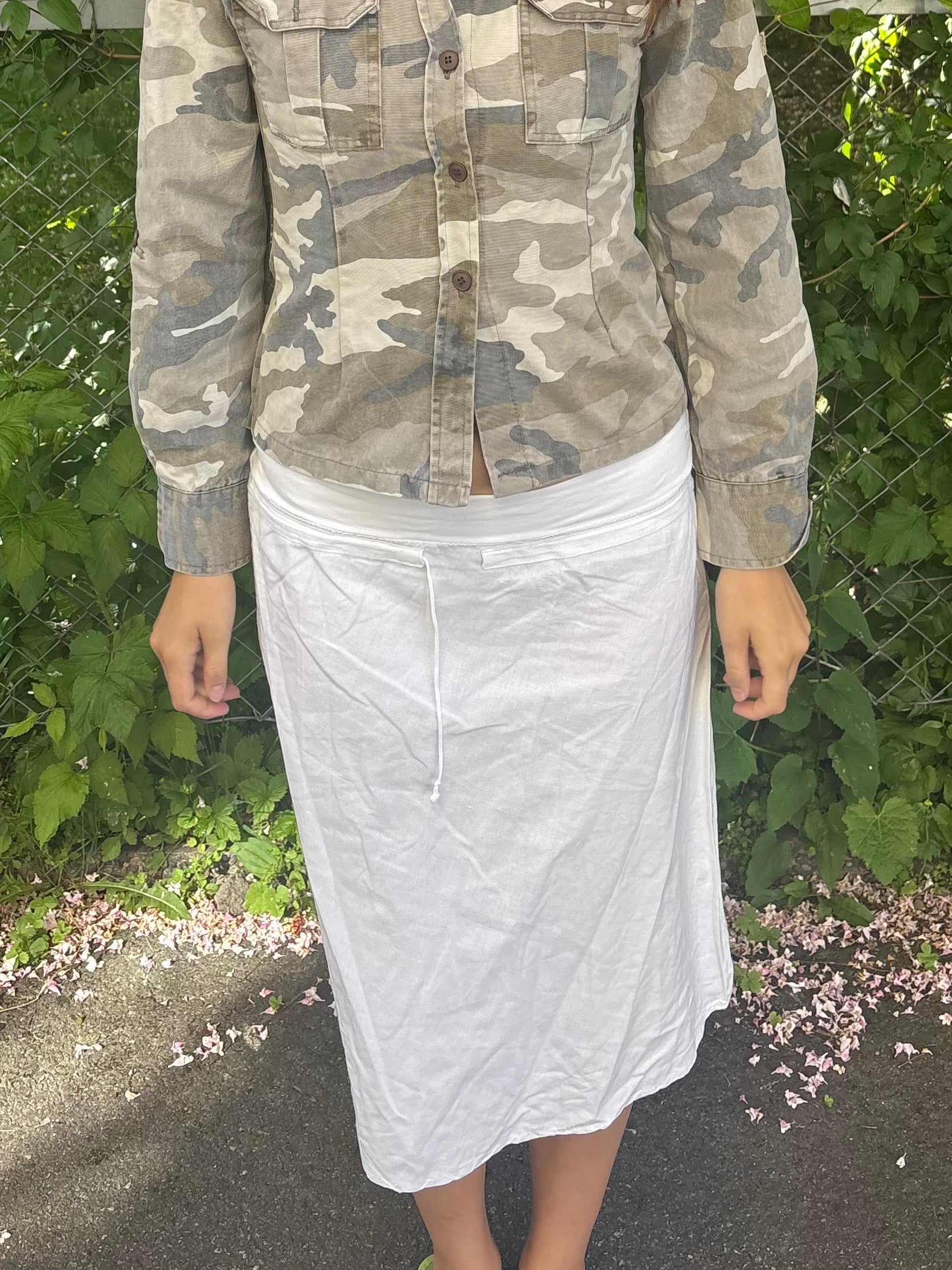 White Linen-Blend Foldover Maxi Skirt