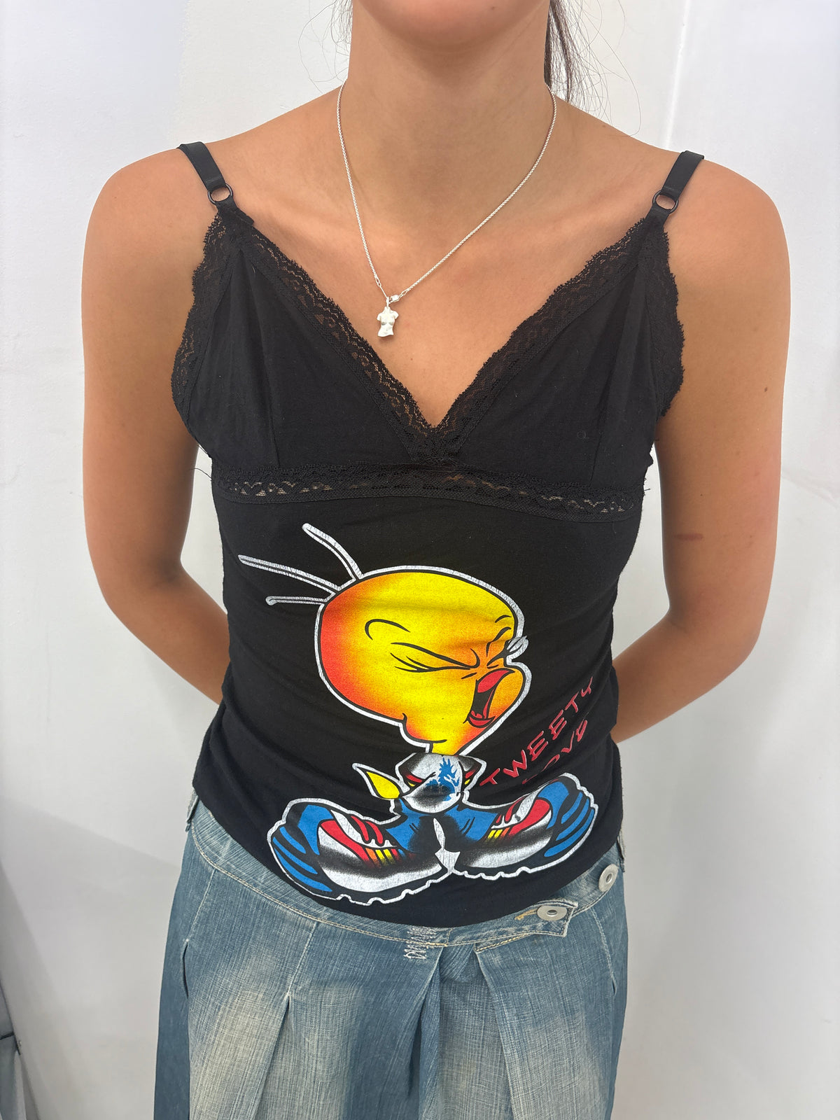 Black Lace Trim Tweety Graphic Cami