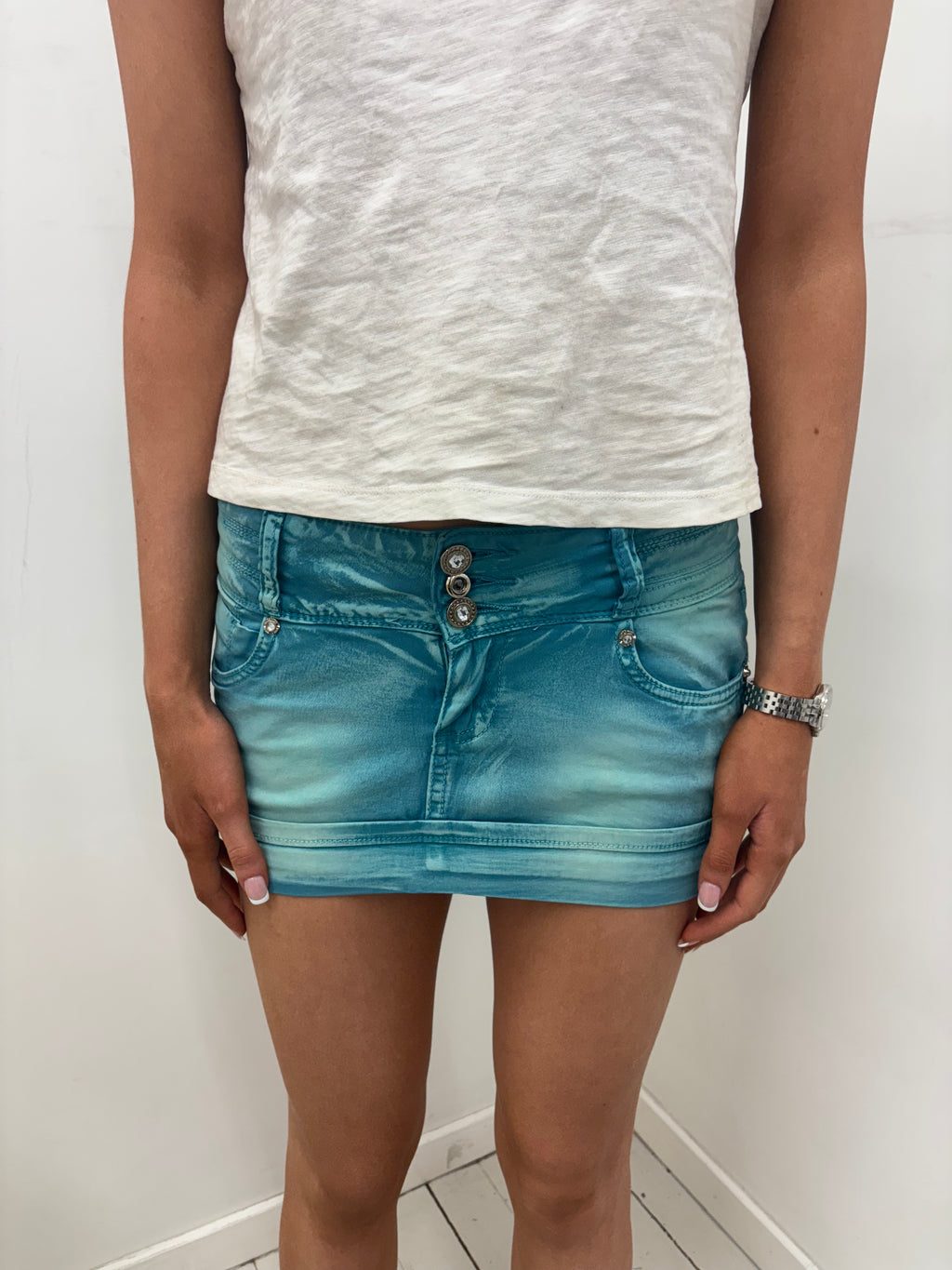Teal Denim Mini Skirt Union Jack Rhinestone Pocket