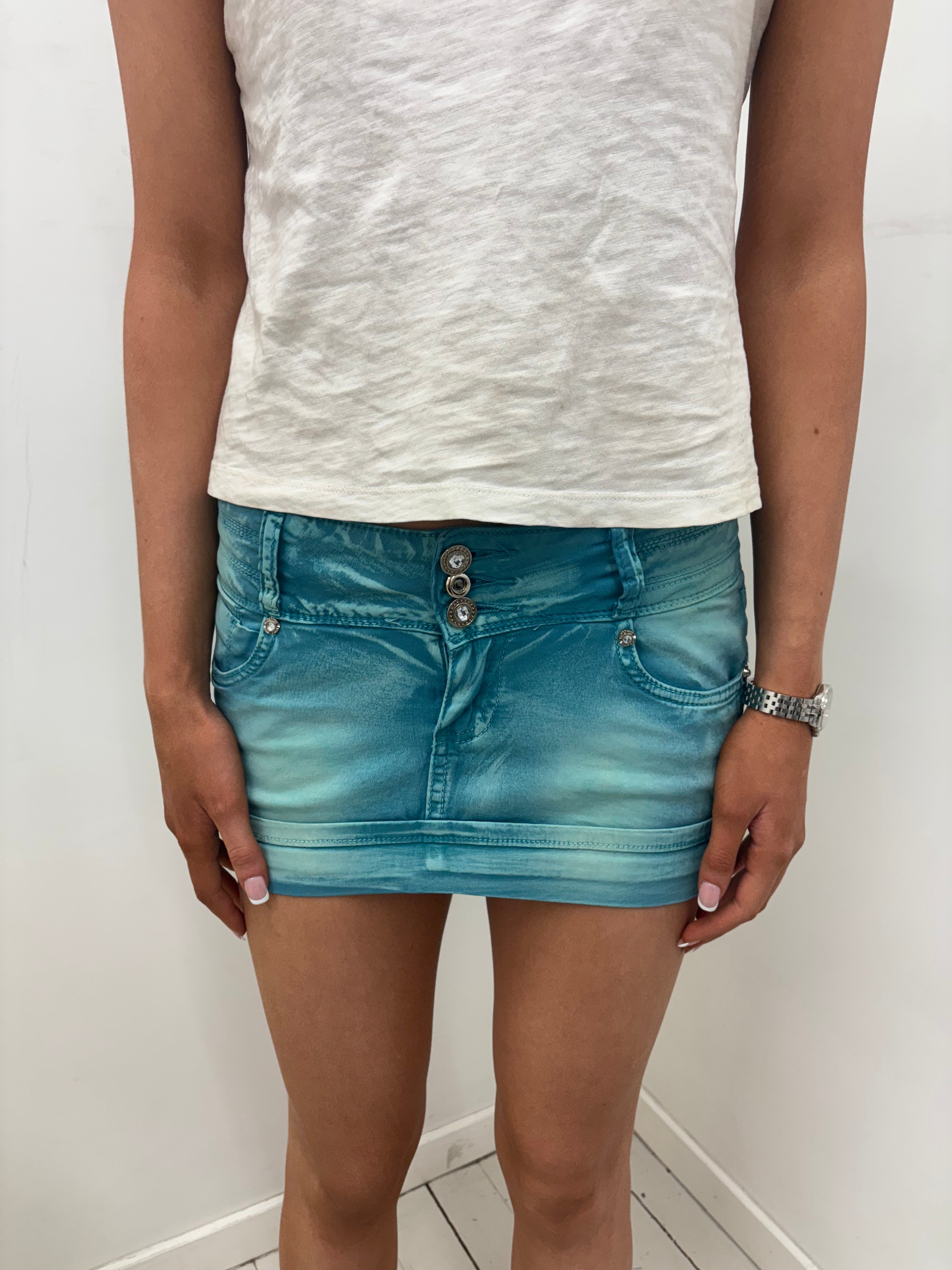 Teal Denim Mini Skirt Union Jack Rhinestone Pocket