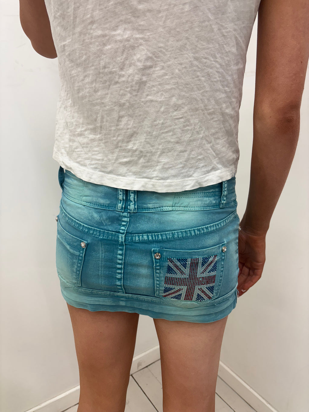 Teal Denim Mini Skirt Union Jack Rhinestone Pocket