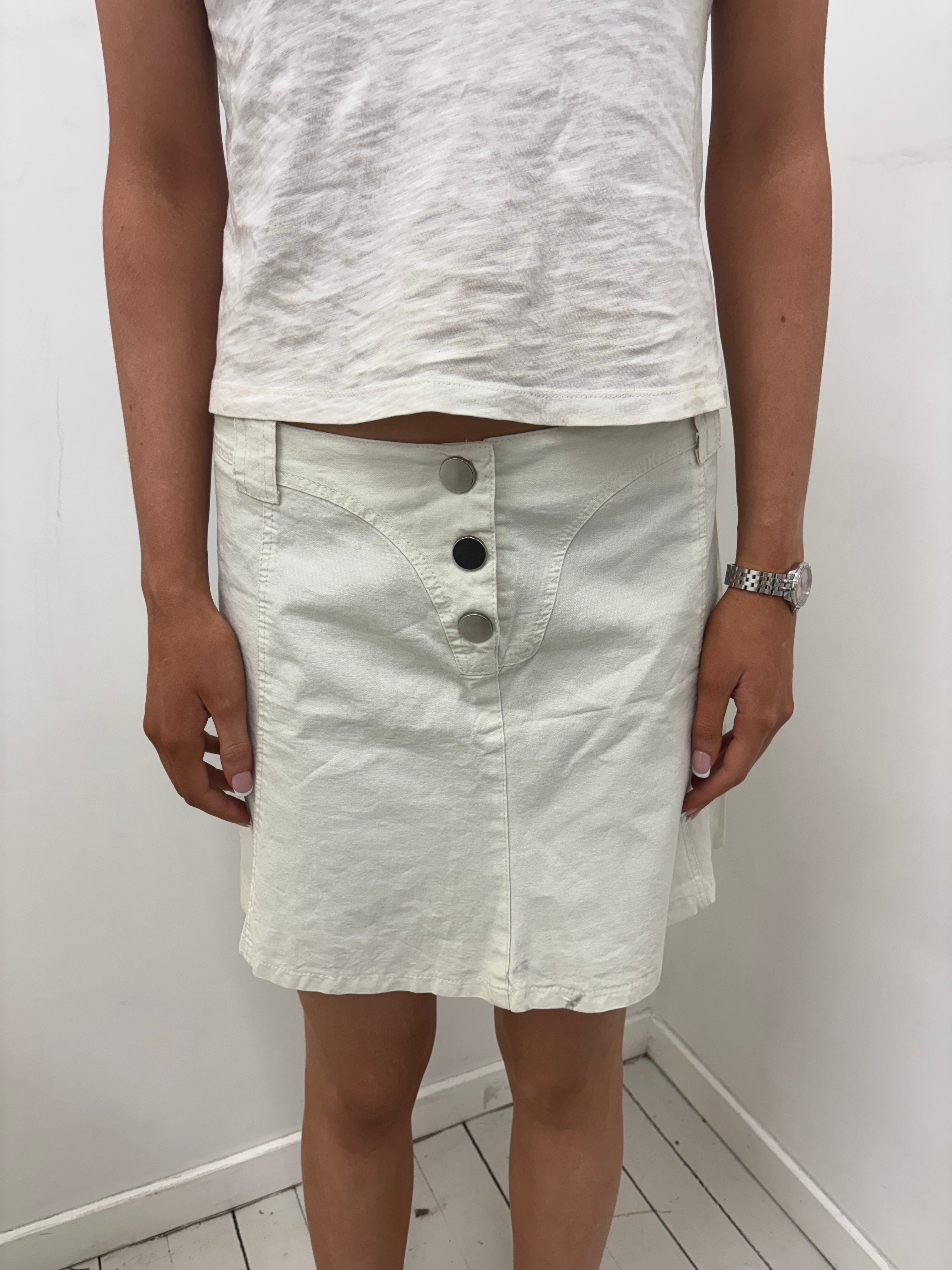 Cream Denim Midi Skirt Silver Button Front