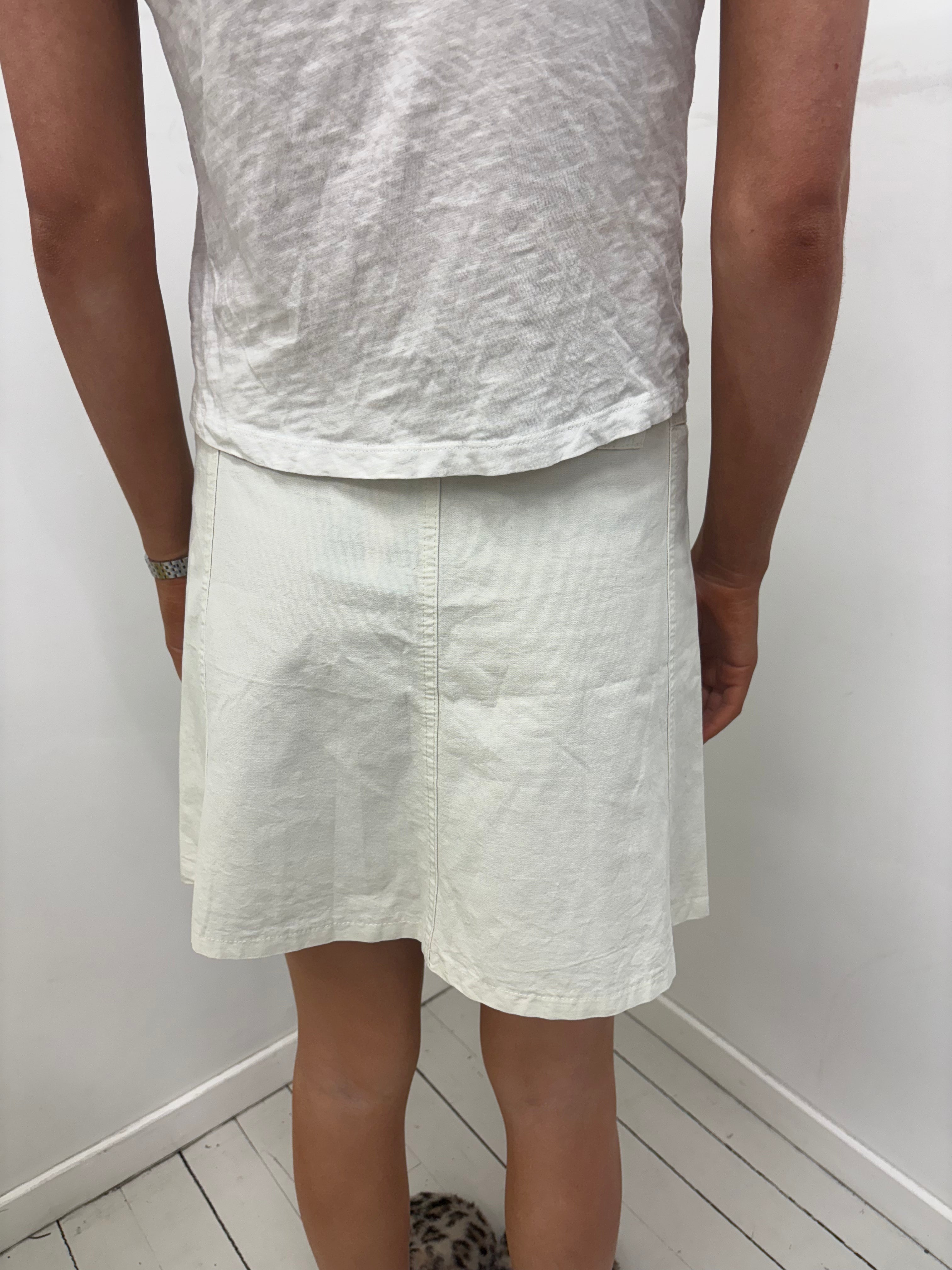 Cream Denim Midi Skirt Silver Button Front
