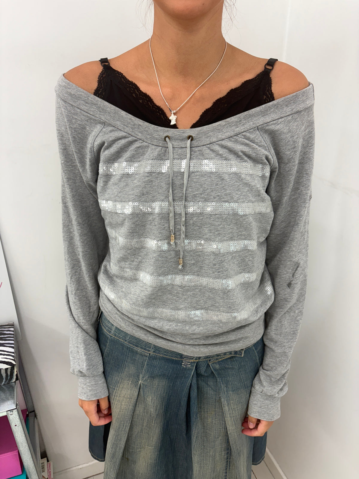 Grey Off-Shoulder Sequin Stripe Sweatshirt