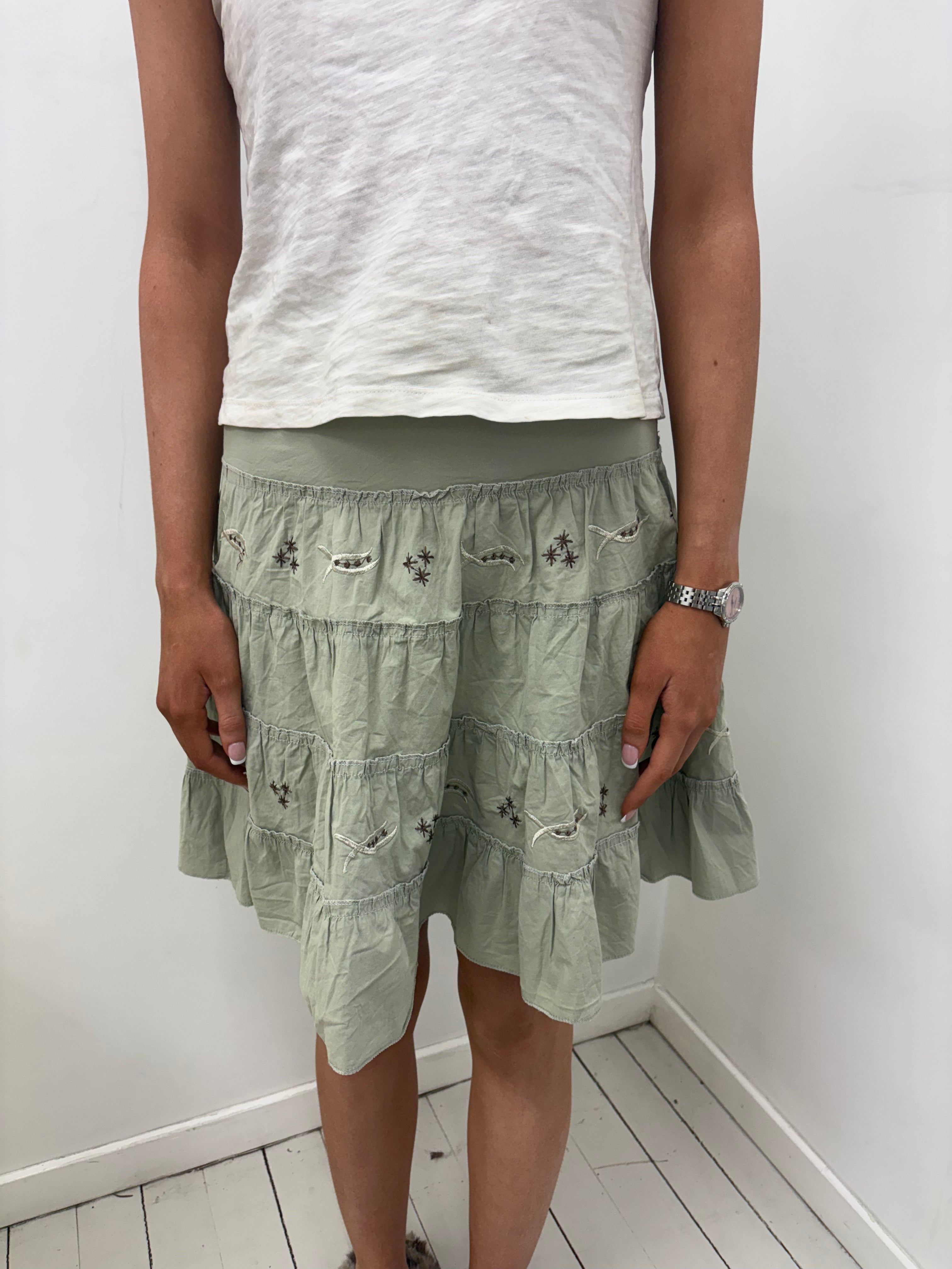 Beige Tiered Cotton Skirt Embroidered Detail
