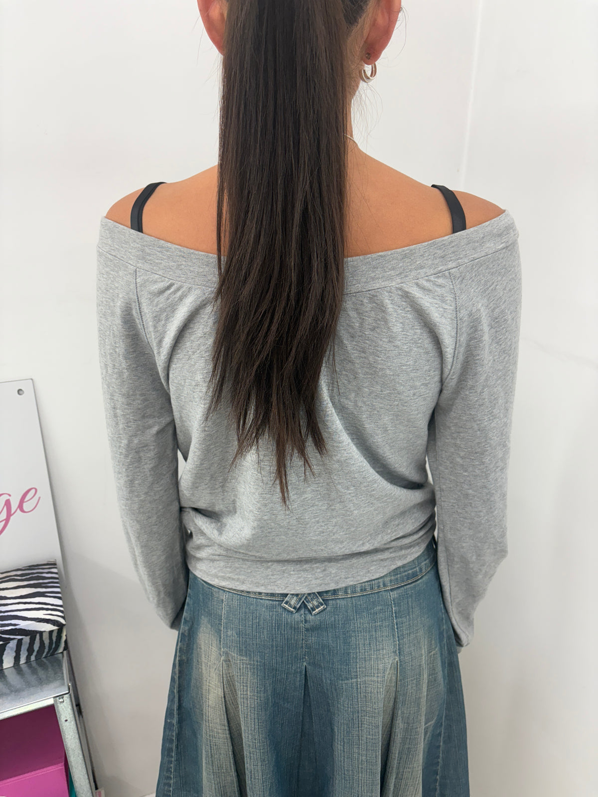Grey Off-Shoulder Sequin Stripe Sweatshirt