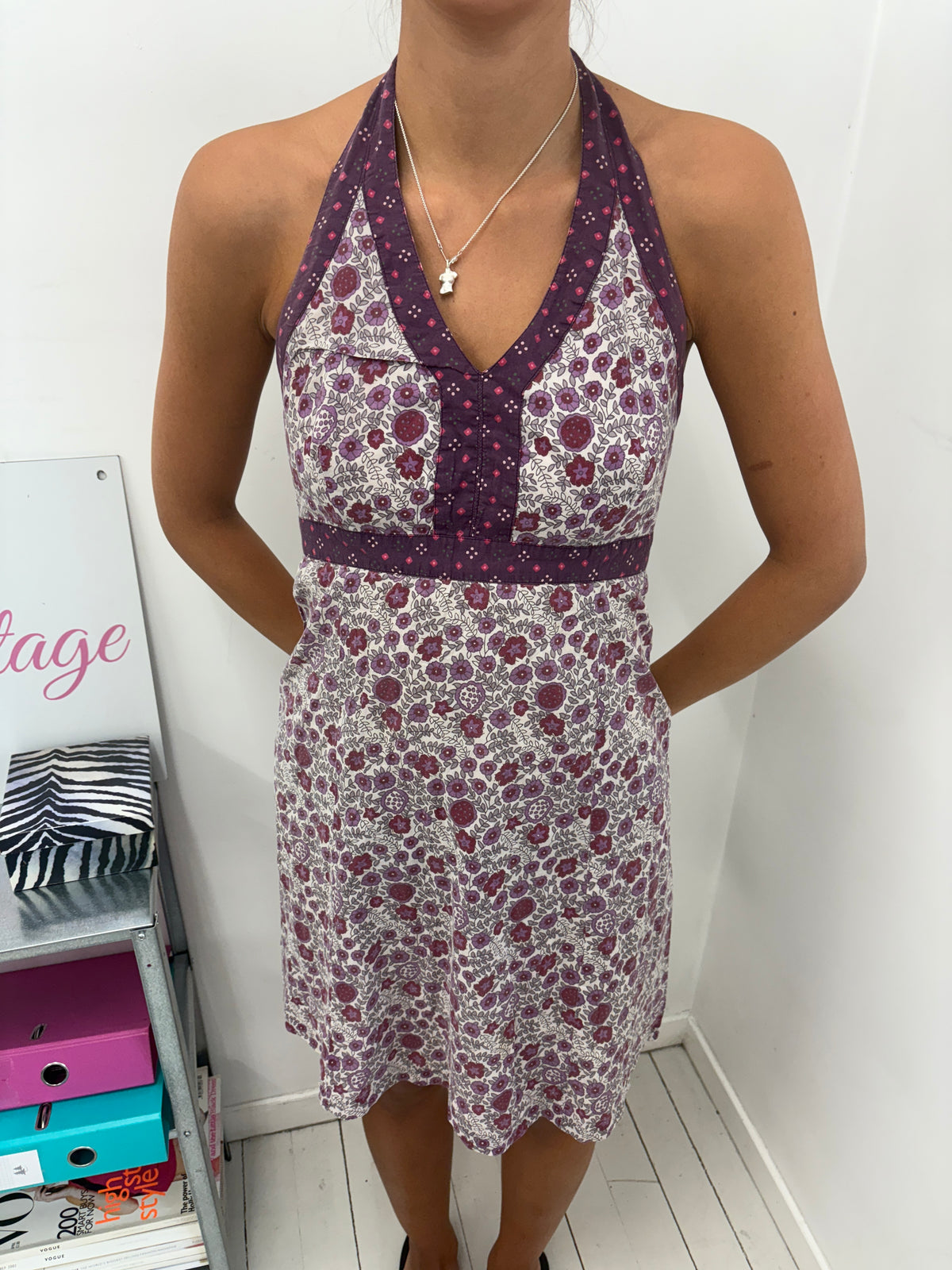 Purple Floral Halter Mini Dress with Pockets