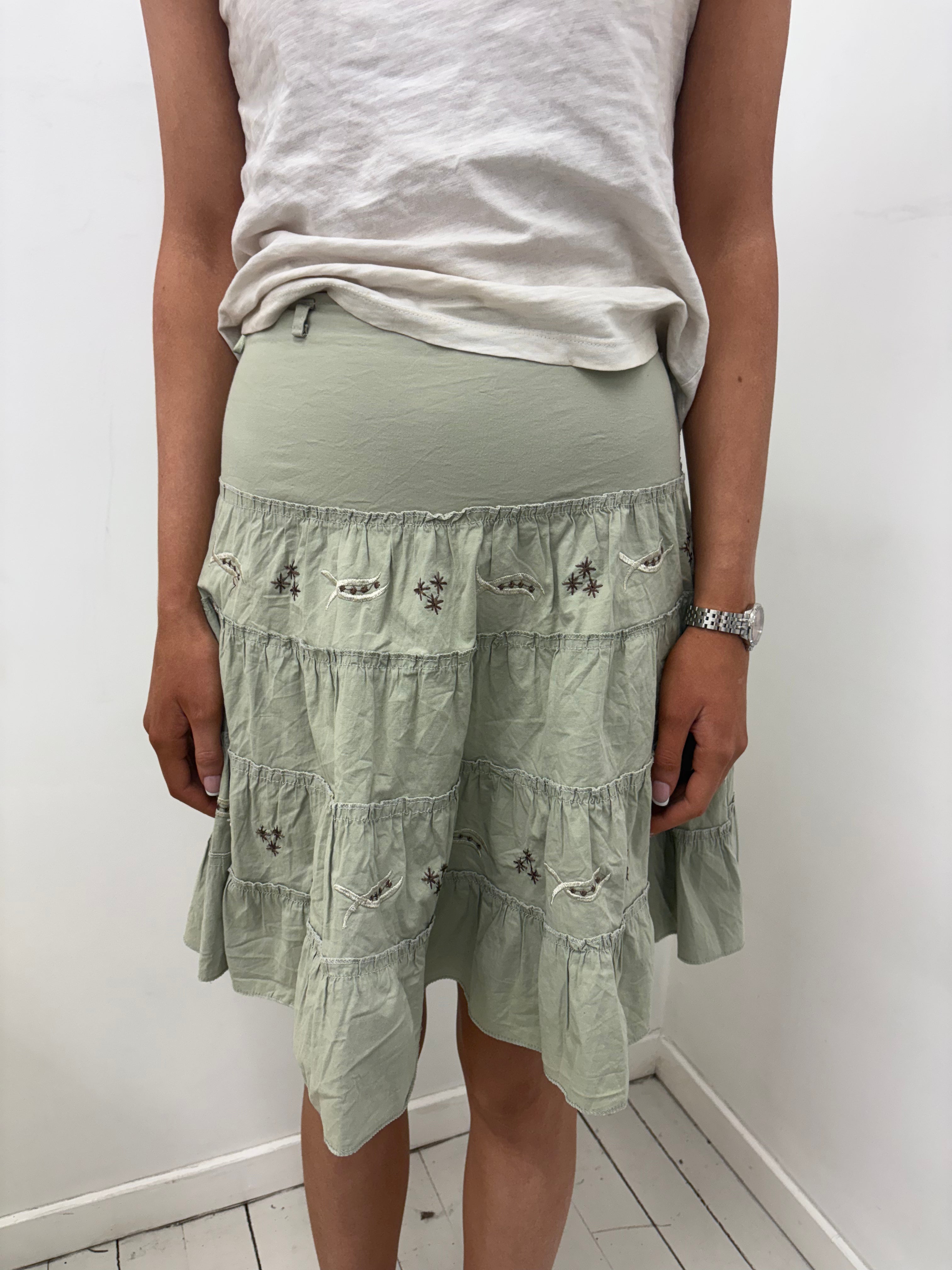 Beige Tiered Cotton Skirt Embroidered Detail