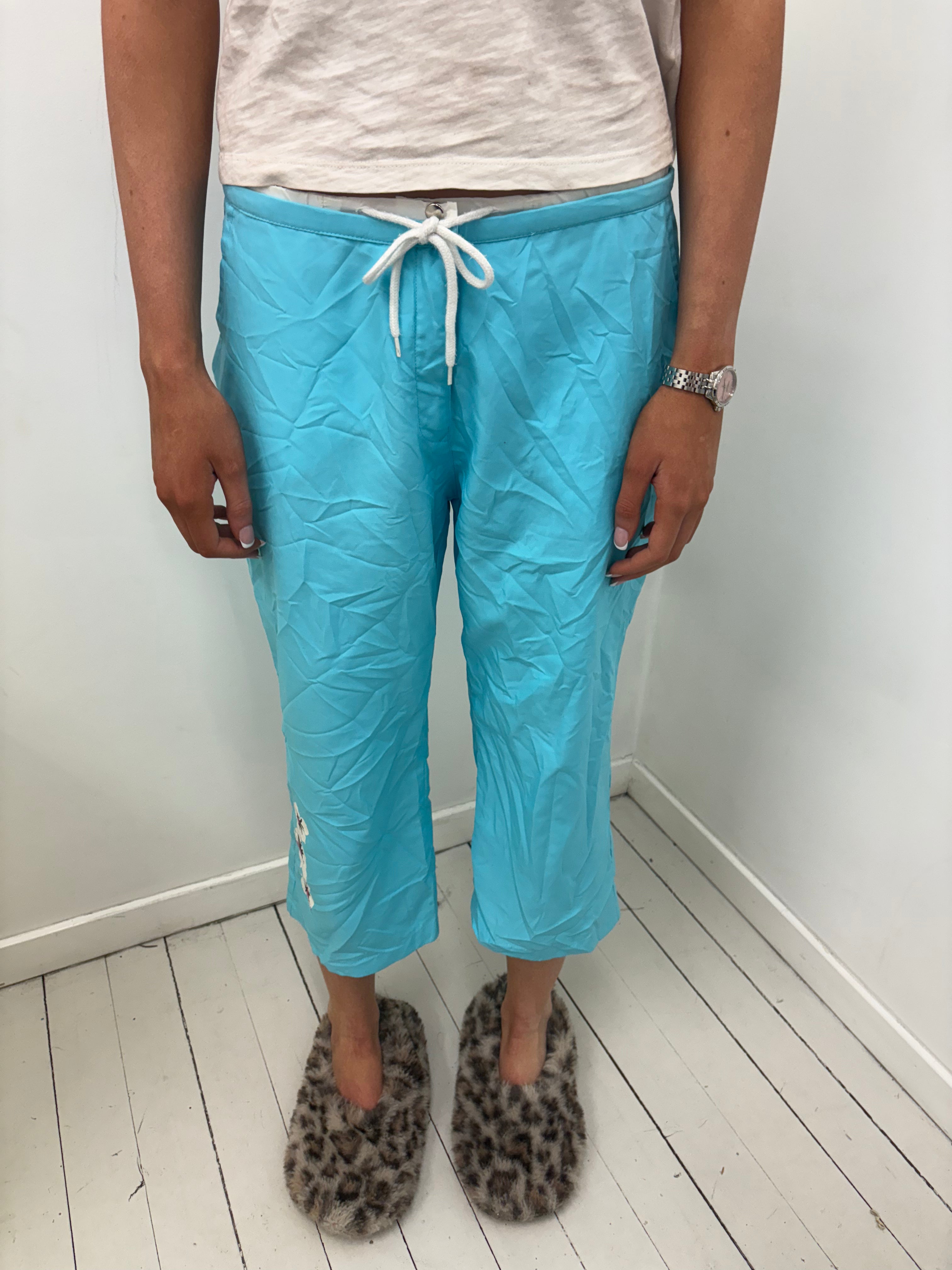 Turquoise Cropped Drawstring Trousers Small Logo Hem