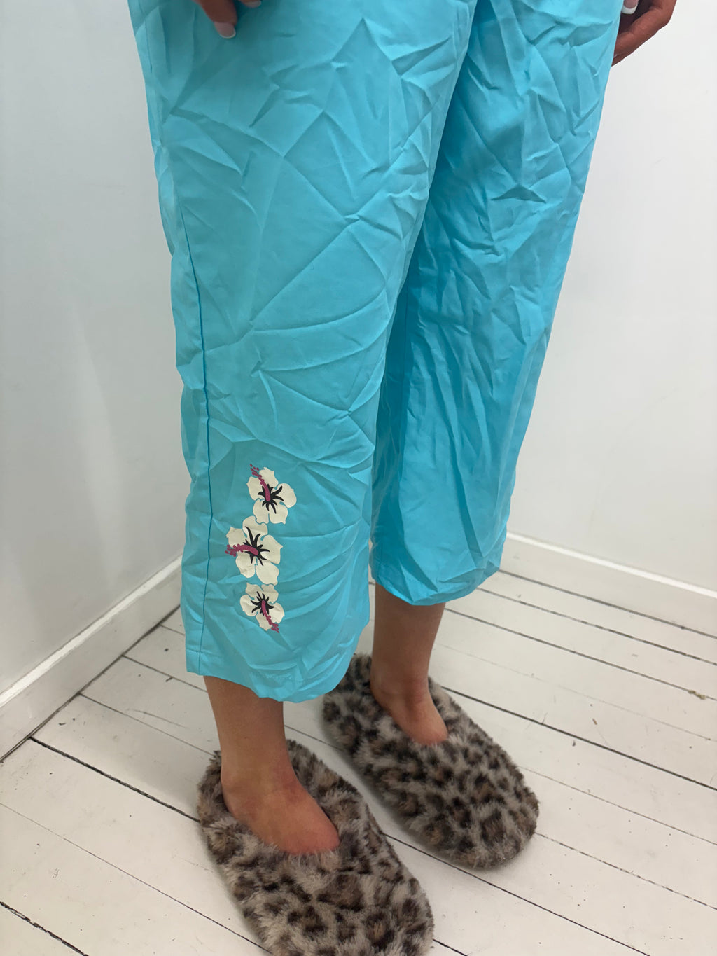 Turquoise Cropped Drawstring Trousers Small Logo Hem