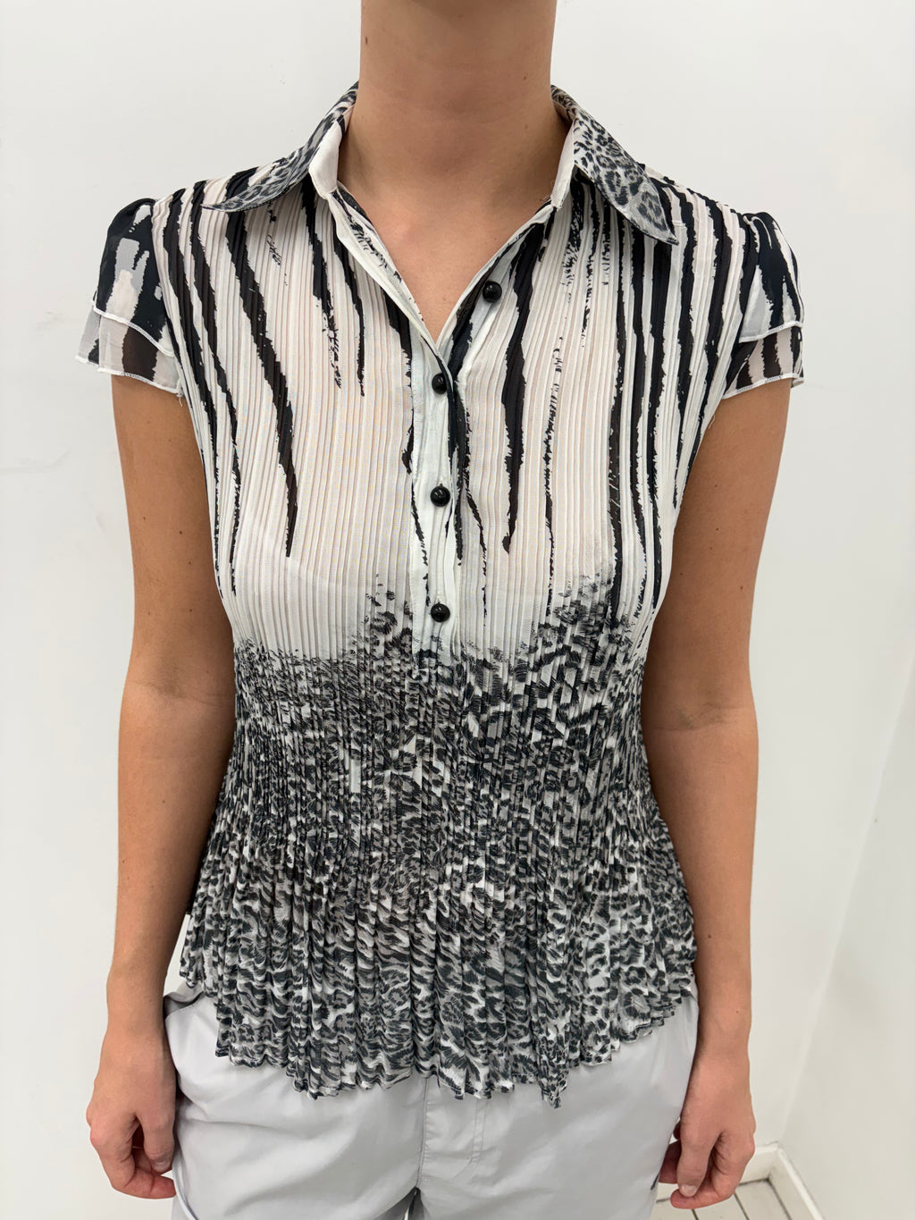 Black & White Pleated Animal Print Blouse