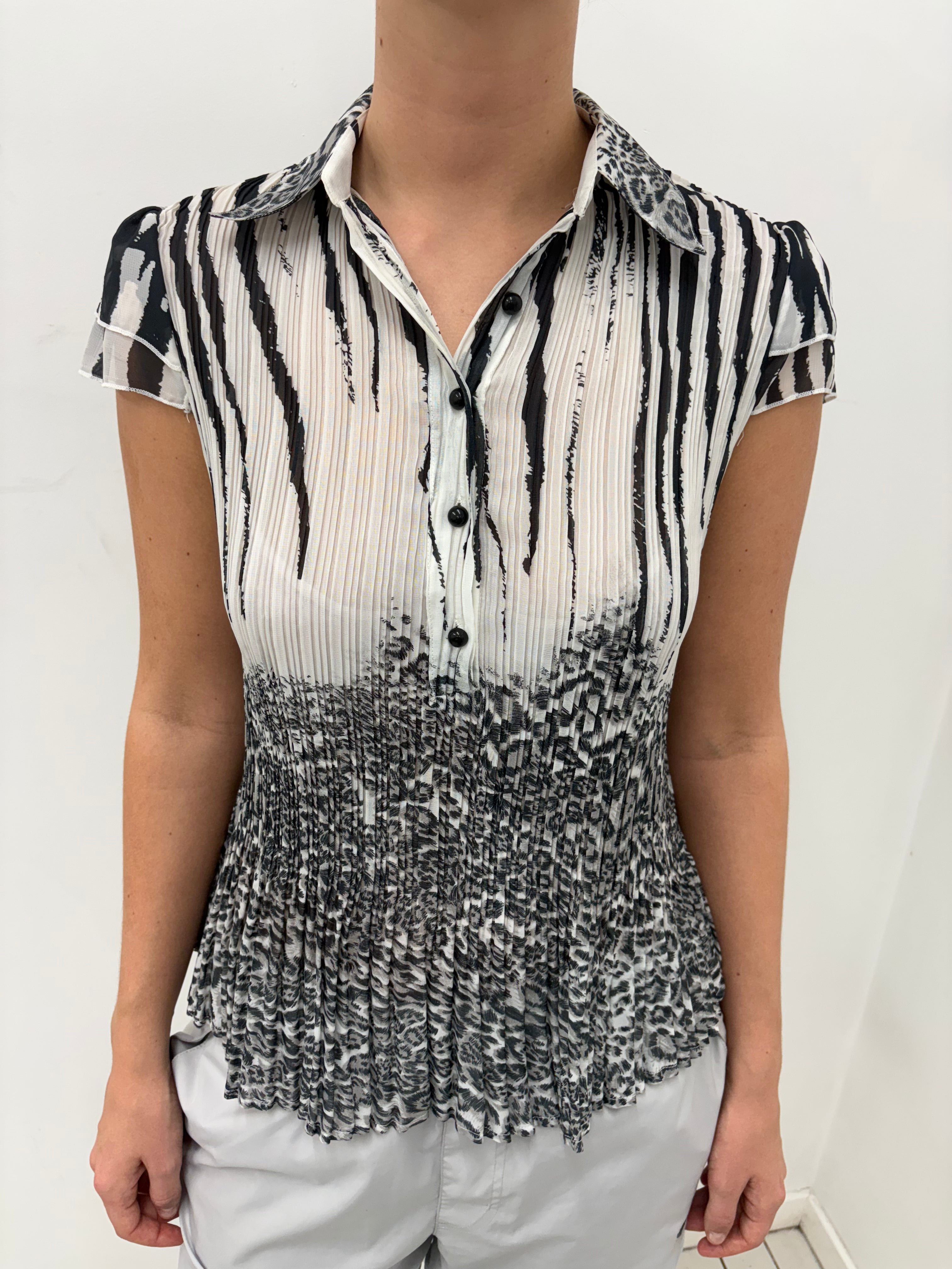 Black & White Pleated Animal Print Blouse