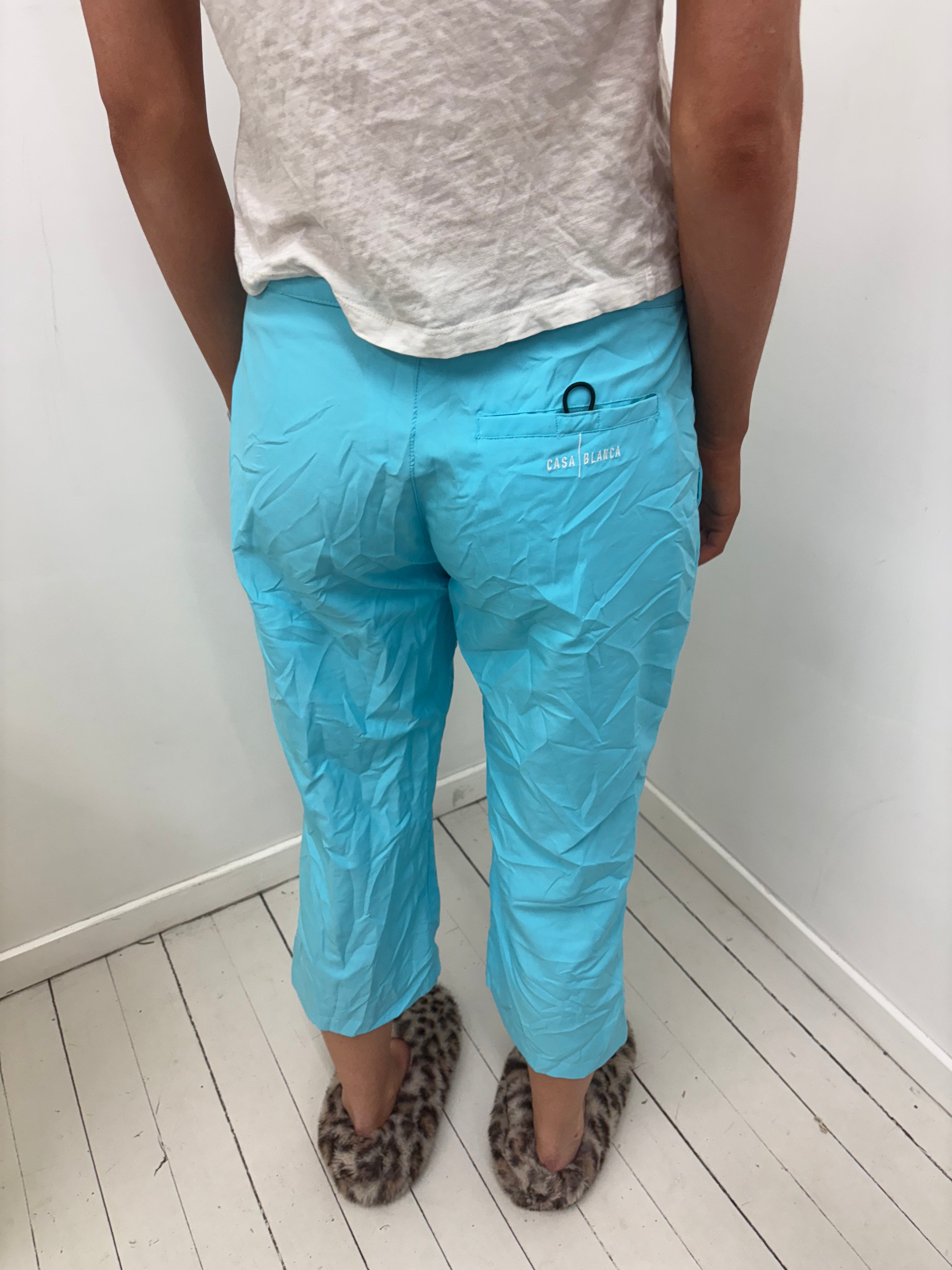 Turquoise Cropped Drawstring Trousers Small Logo Hem