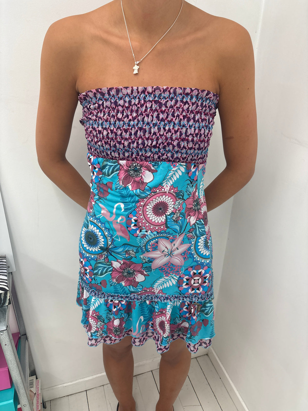 Strapless Smocked Floral Print Mini Dress