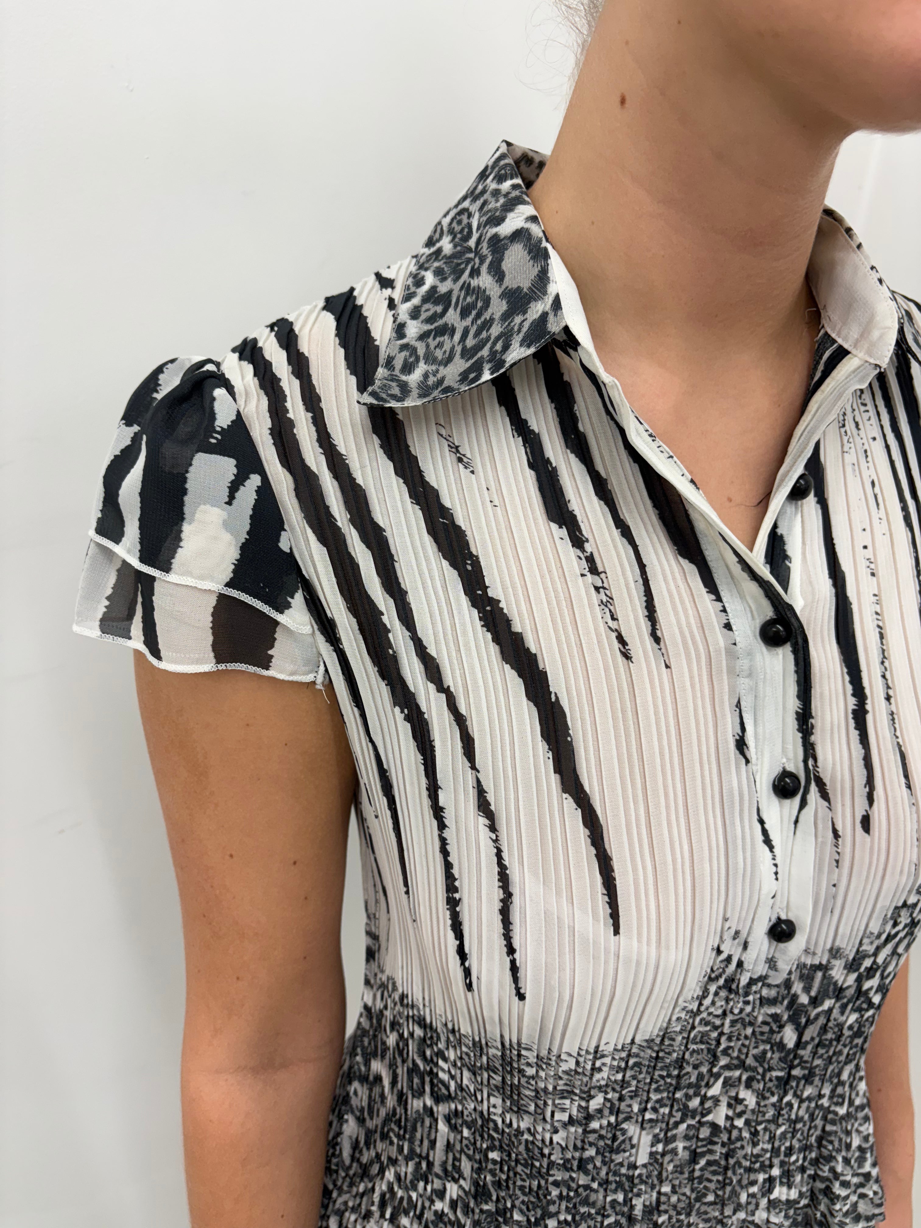 Black & White Pleated Animal Print Blouse