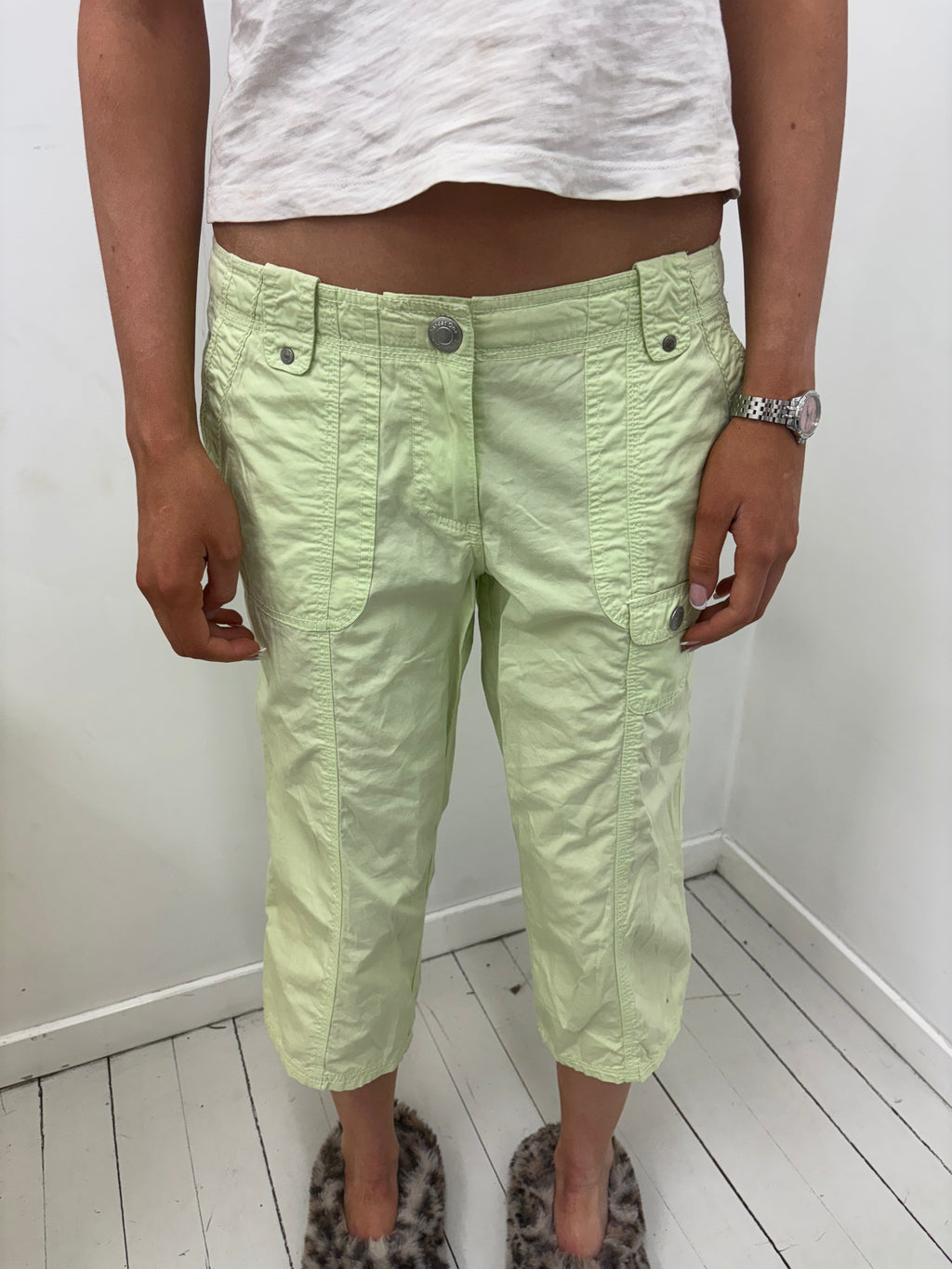 Lime Green Cargo Capri Trousers Silver Button Detail