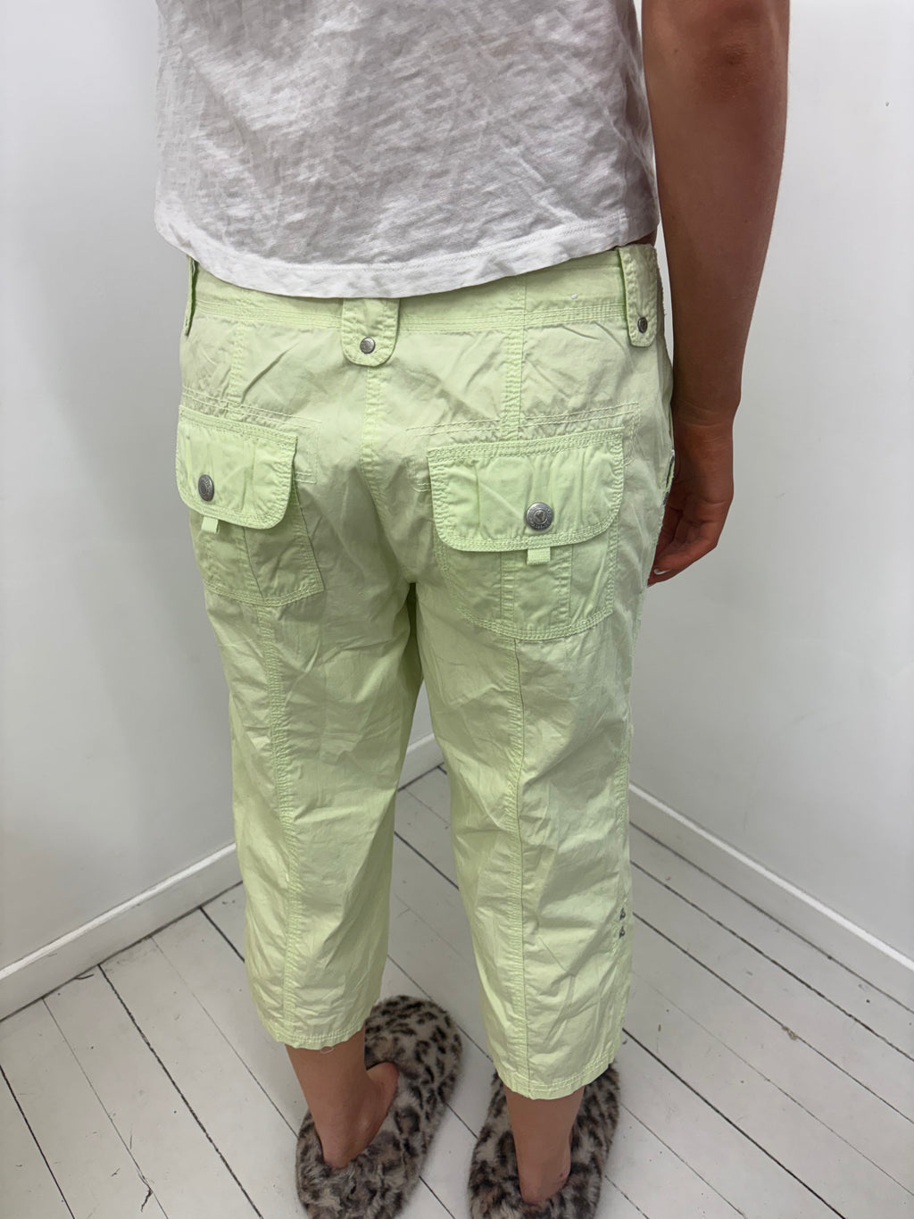 Lime Green Cargo Capri Trousers Silver Button Detail