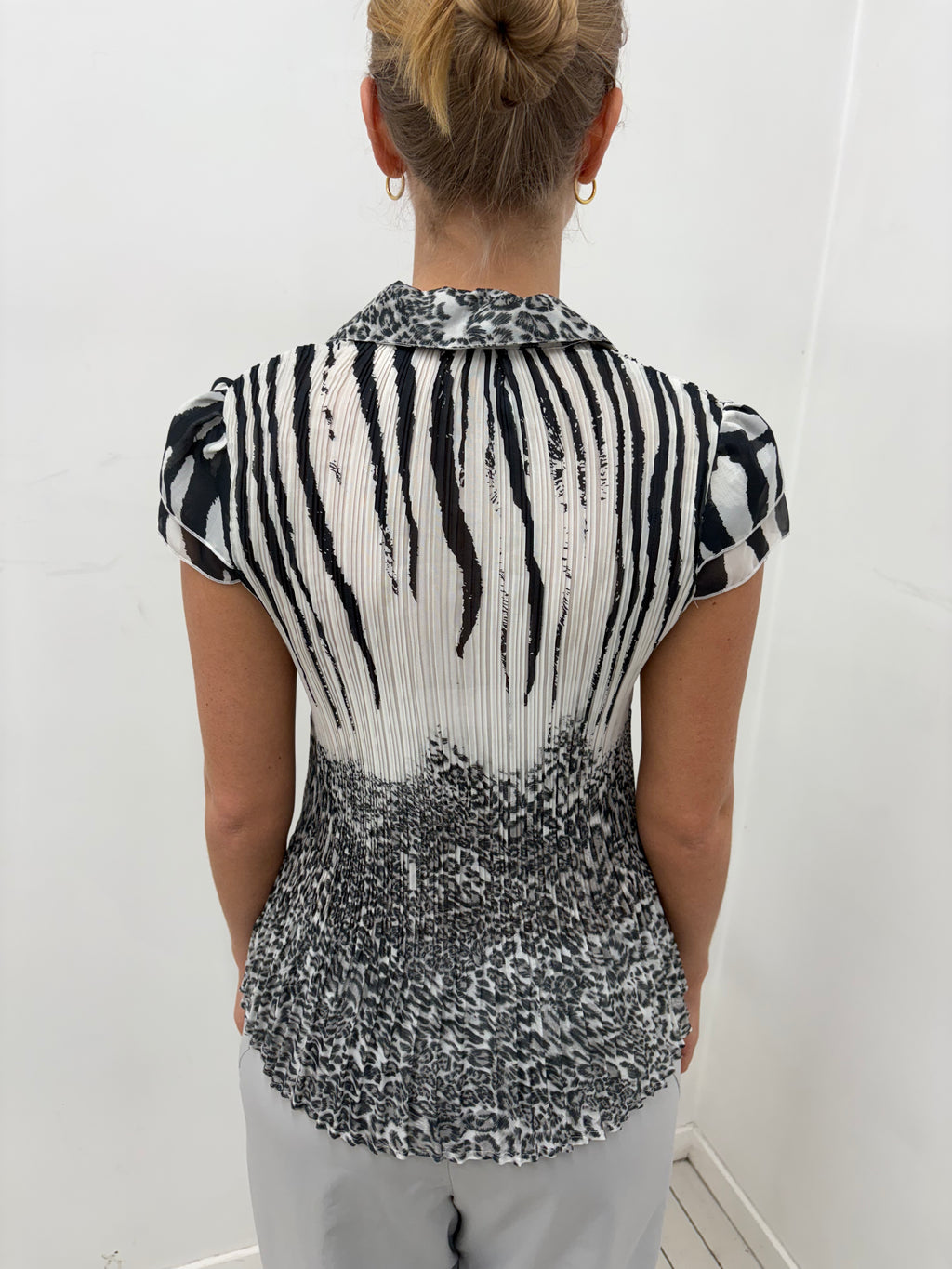 Black & White Pleated Animal Print Blouse