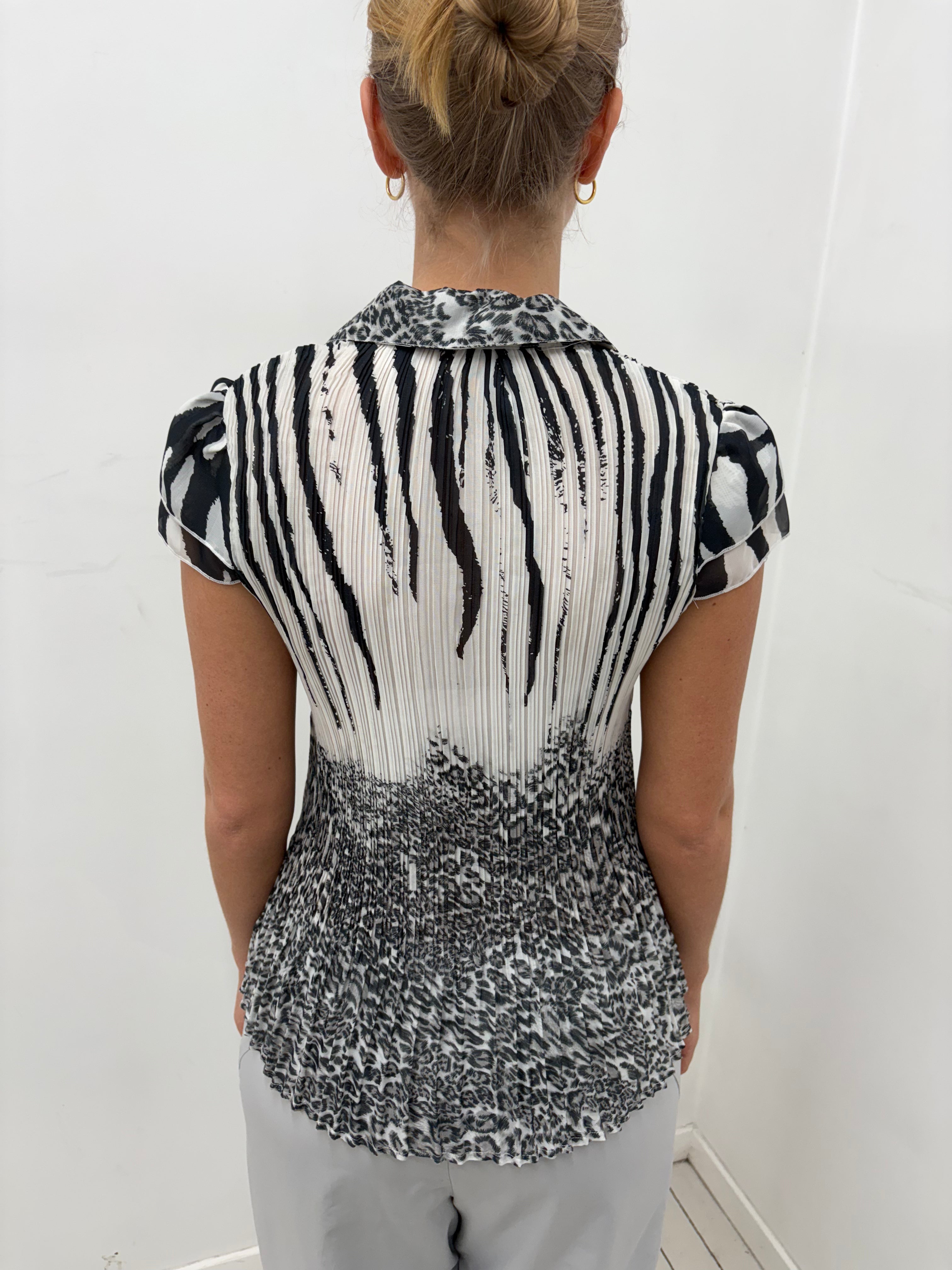 Black & White Pleated Animal Print Blouse