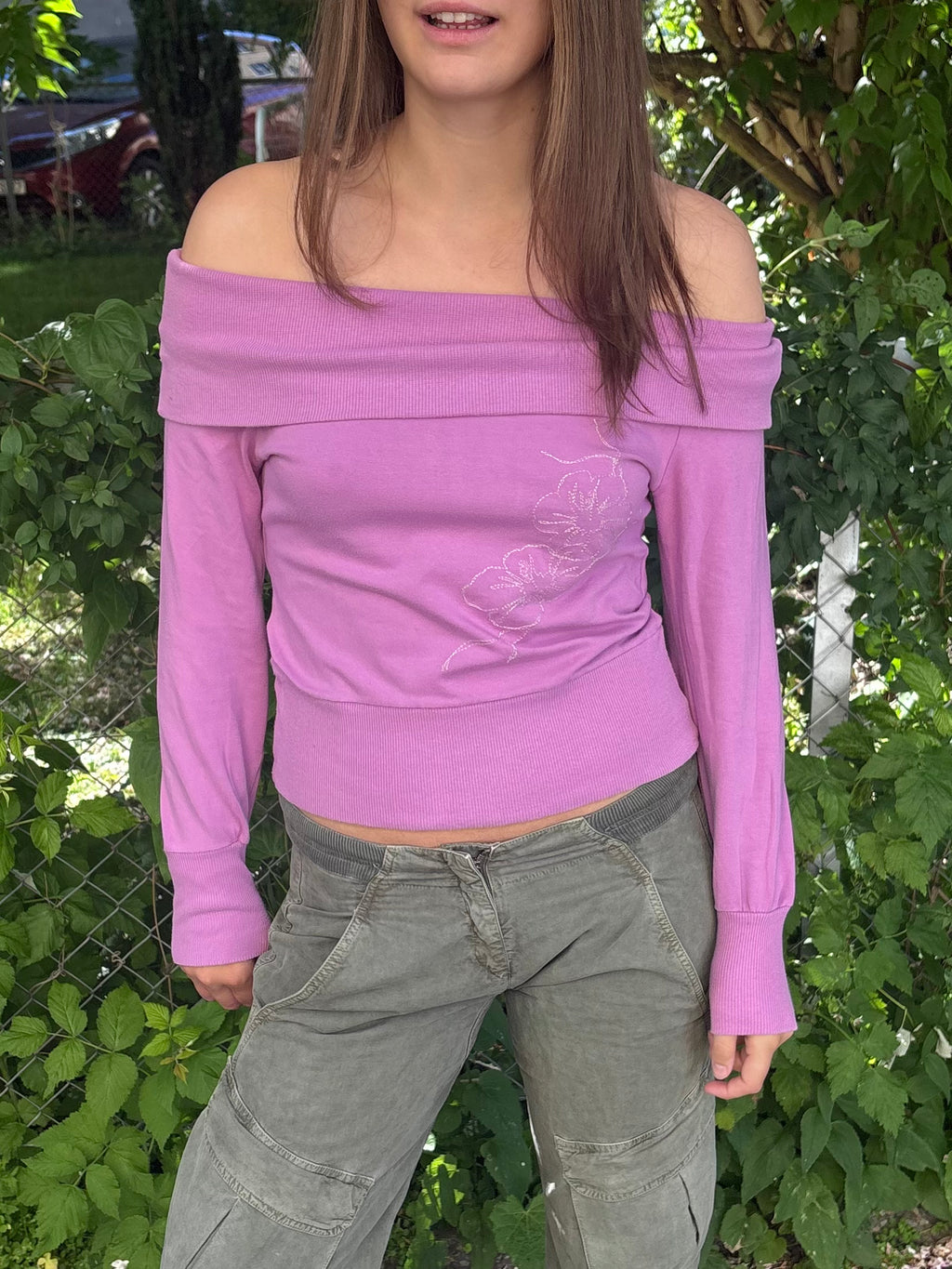 Mauve Off-Shoulder Top with Floral Embroidery