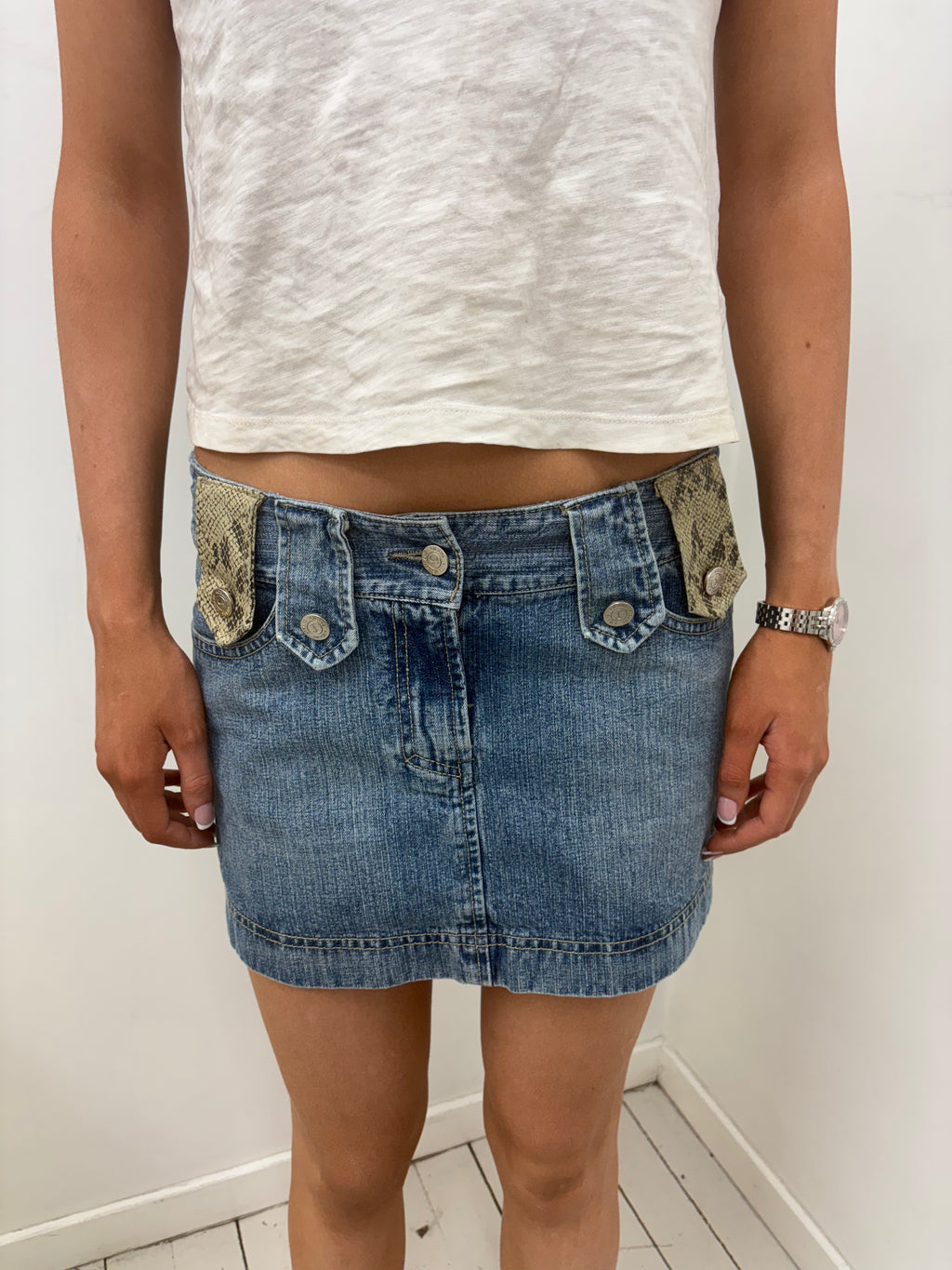Denim Mini Skirt Snakeskin Pocket Detail Low Rise