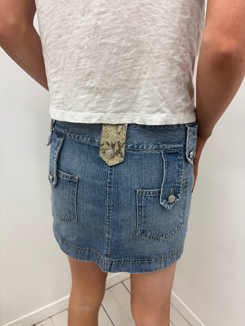 Denim Mini Skirt Snakeskin Pocket Detail Low Rise