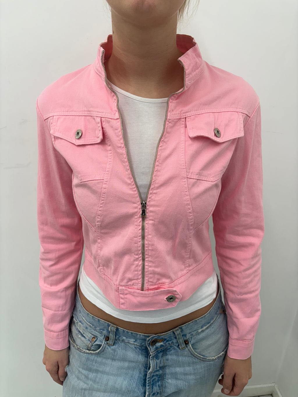 Pink Fitted Zip-Up Cropped Jacket