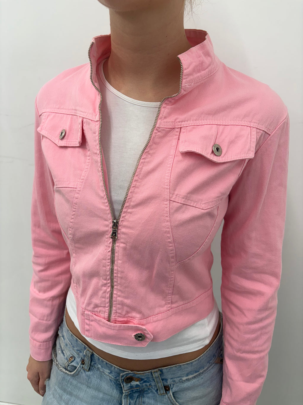 Pink Fitted Zip-Up Cropped Jacket