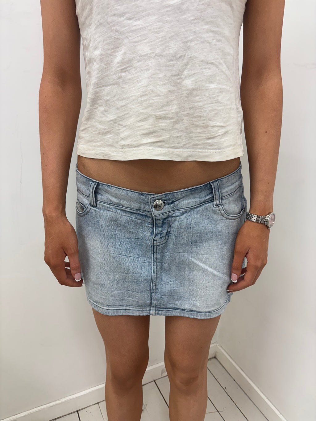 Light Wash Denim Mini Skirt Sequin Pocket Detail