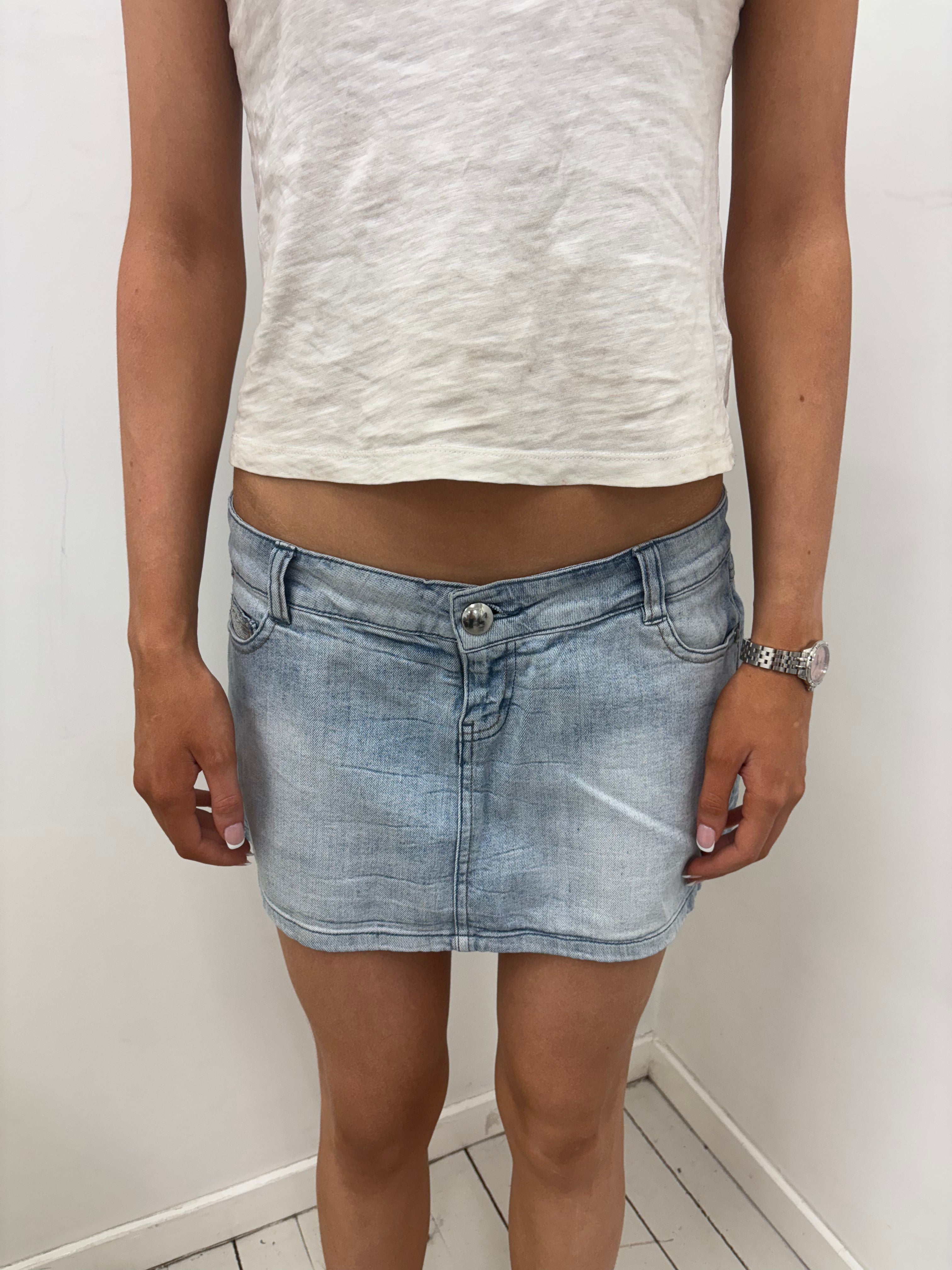 Light Wash Denim Mini Skirt Sequin Pocket Detail