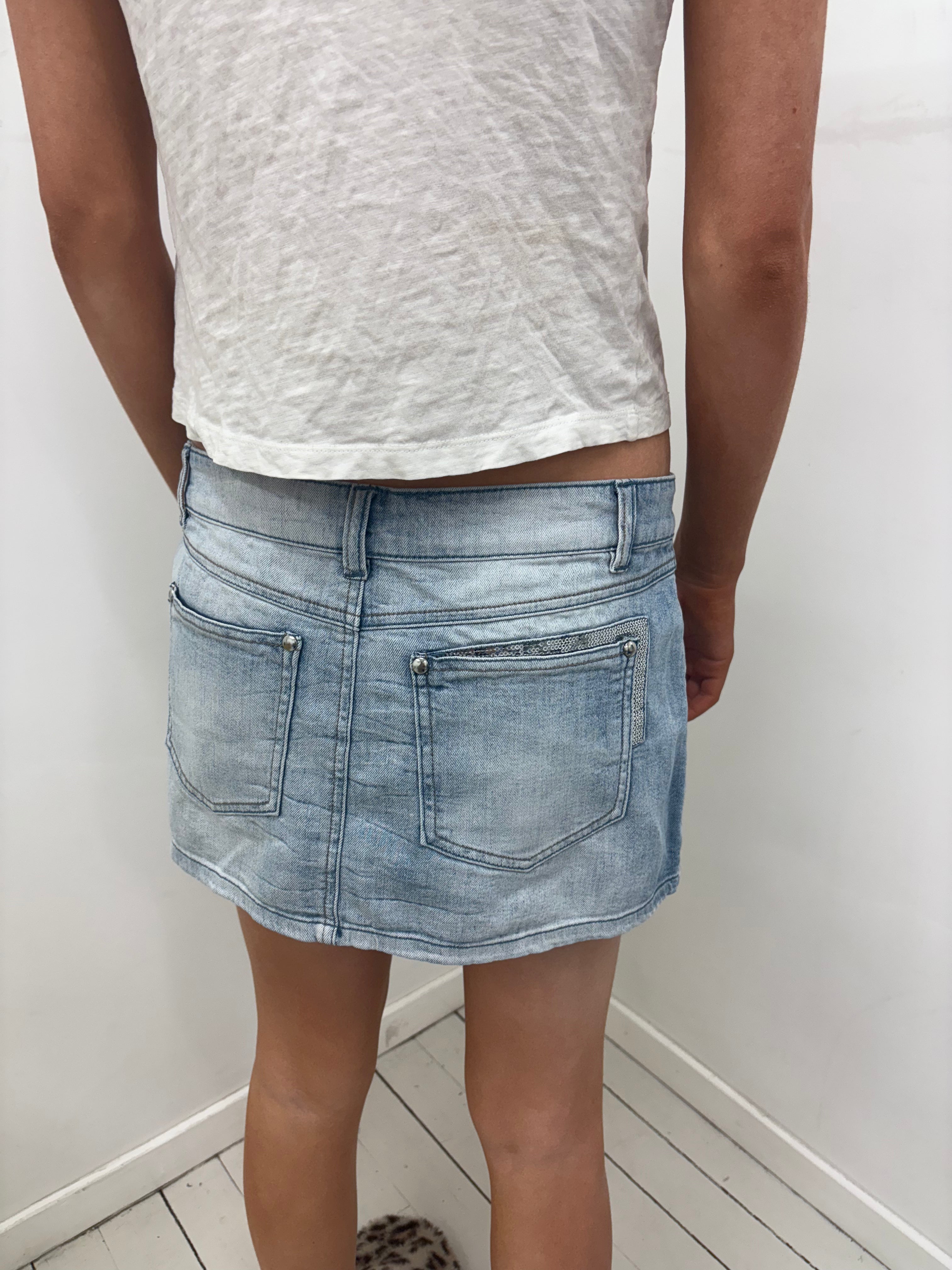Light Wash Denim Mini Skirt Sequin Pocket Detail