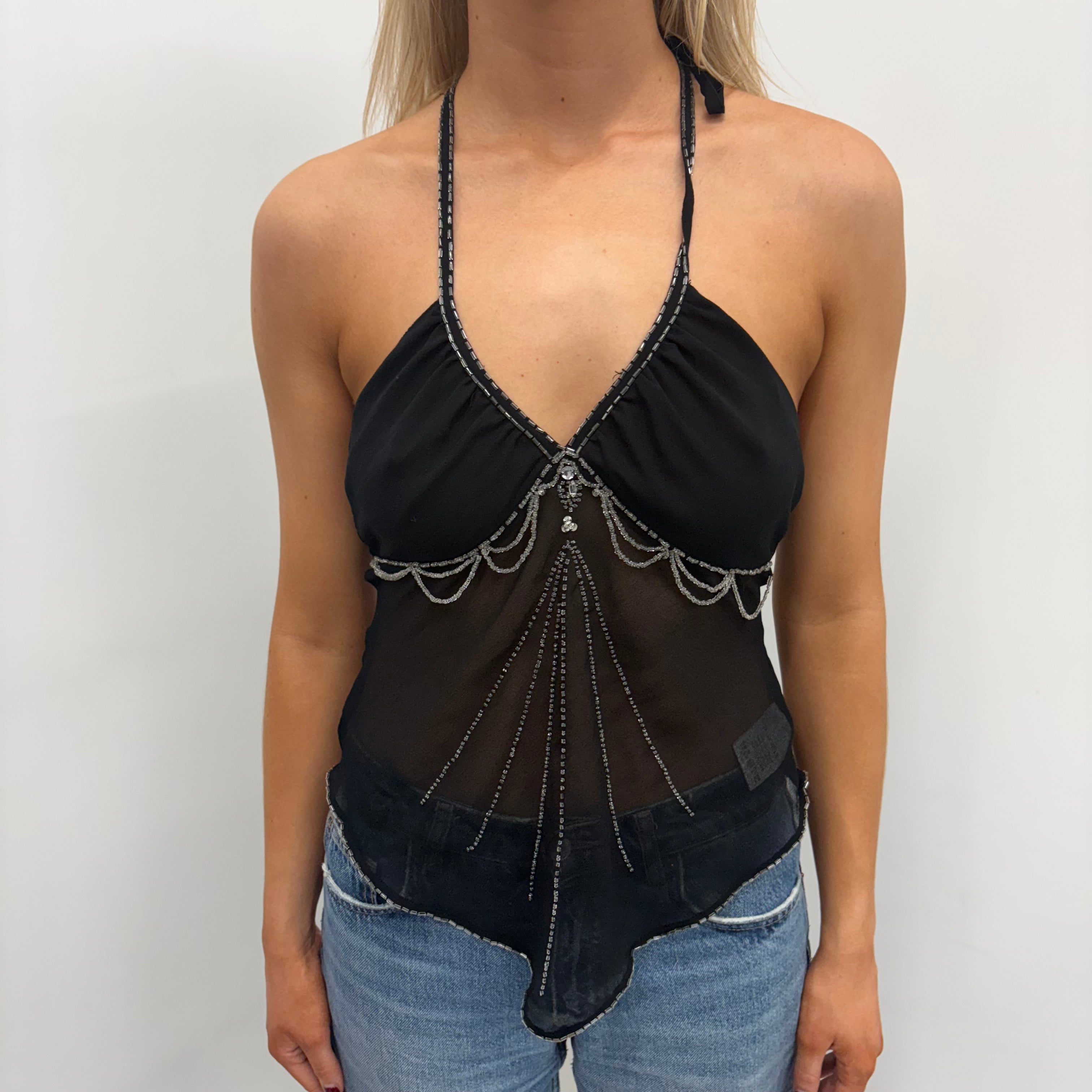 Y2K Black Halterneck Top with Beads