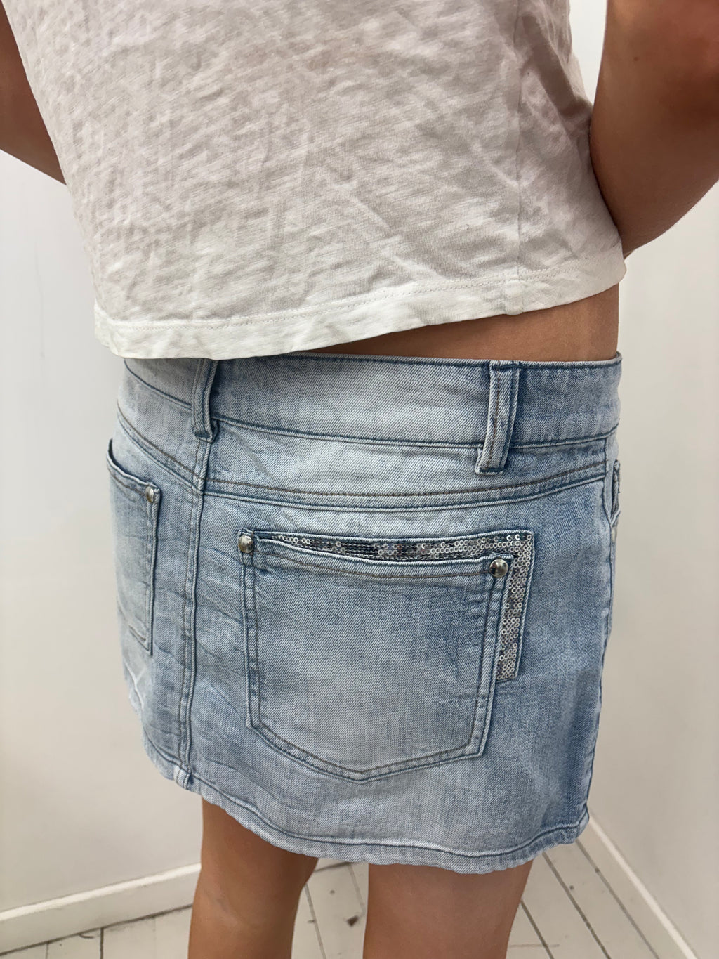 Light Wash Denim Mini Skirt Sequin Pocket Detail