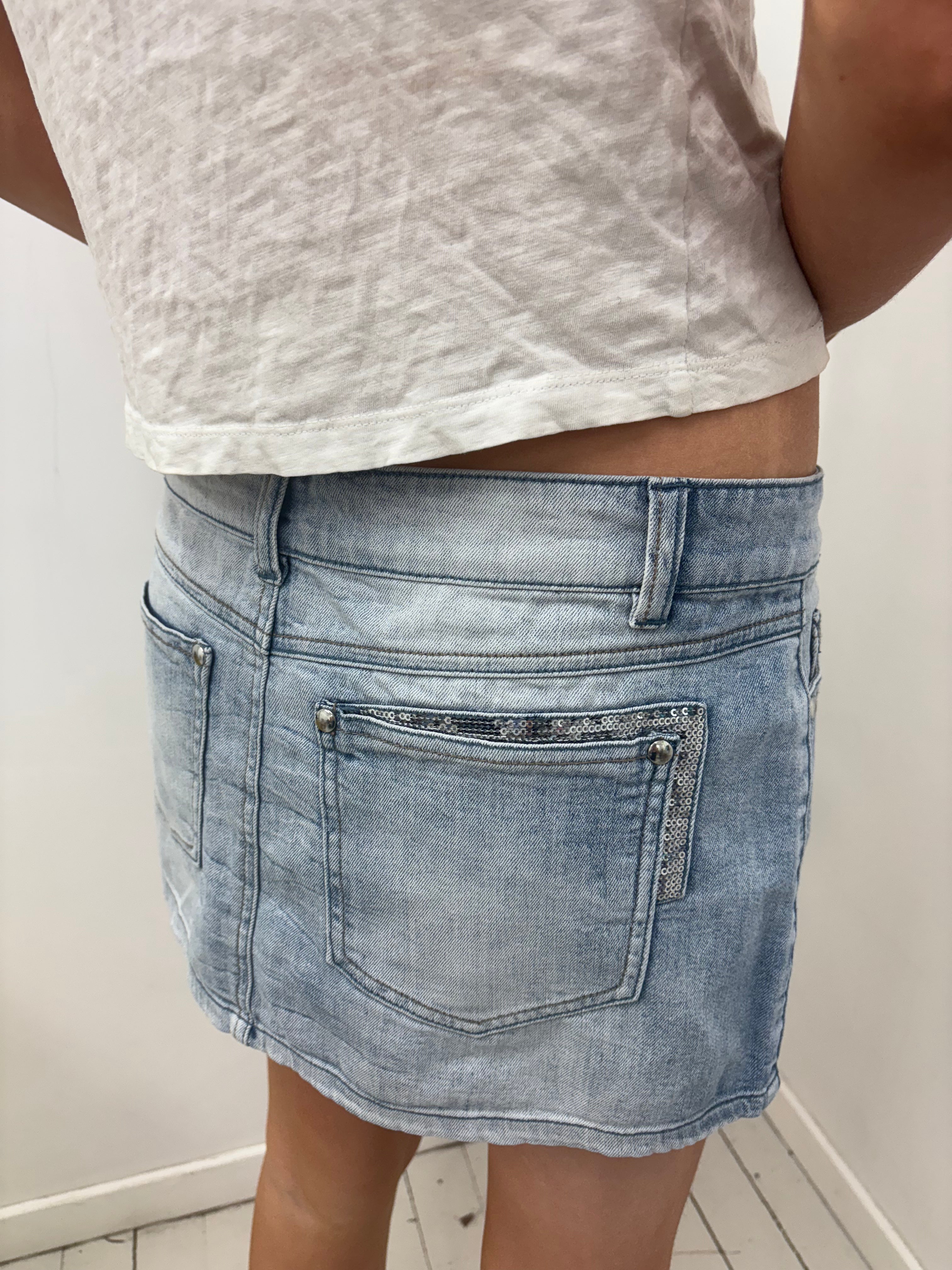 Light Wash Denim Mini Skirt Sequin Pocket Detail