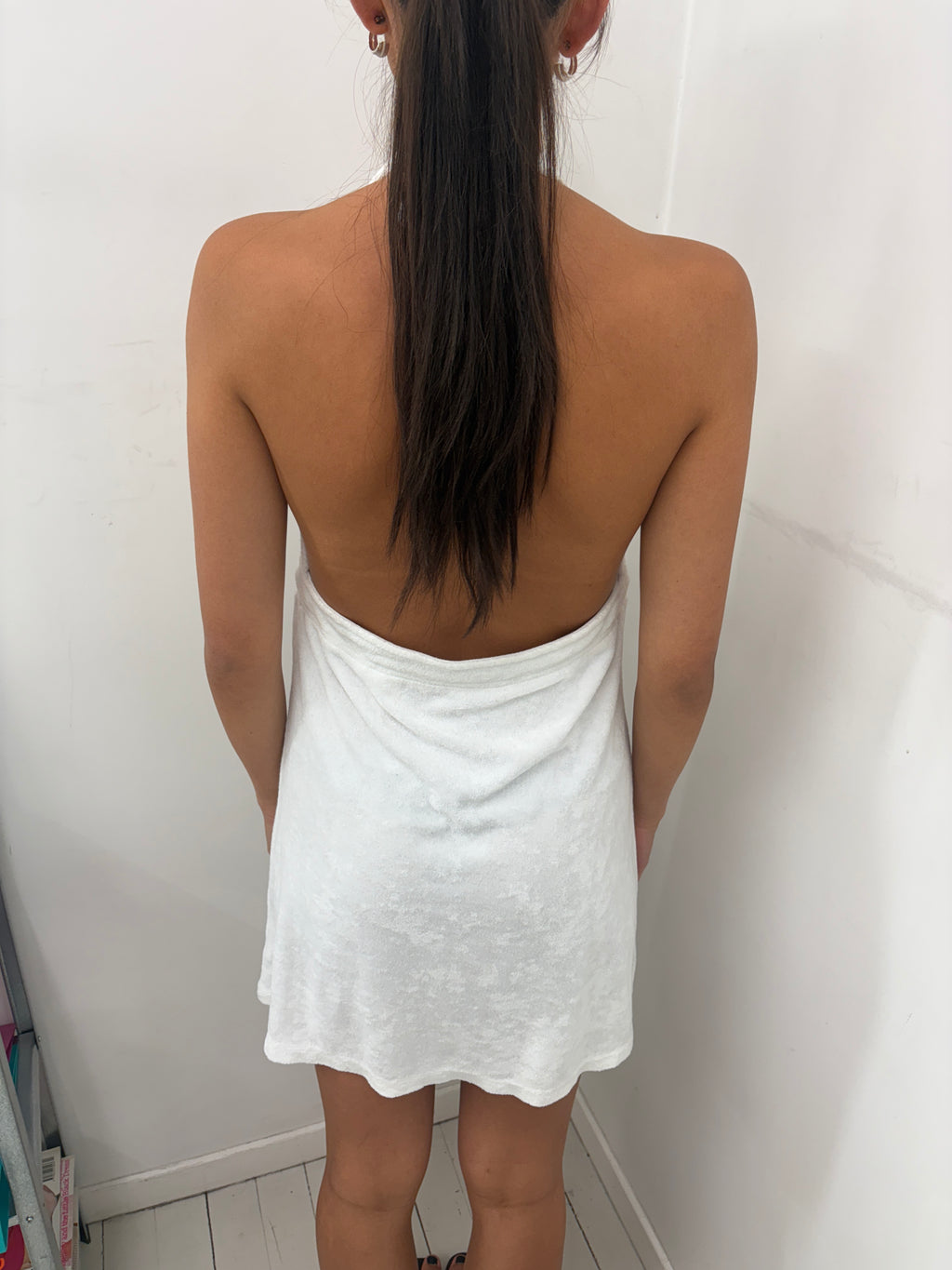 White Terry Cloth Halter Mini Dress with Rope Tie